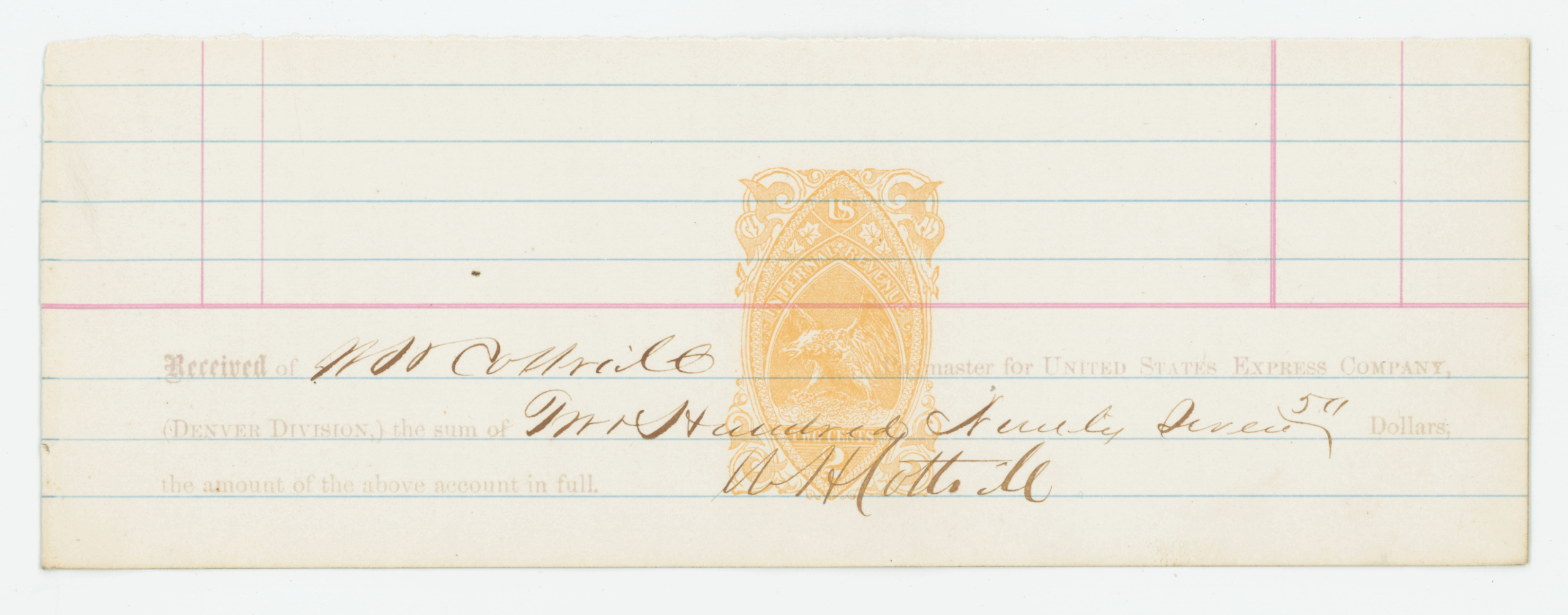 RN-B1 on Receipt, "Paymaster for United States Express Company" Denver Division