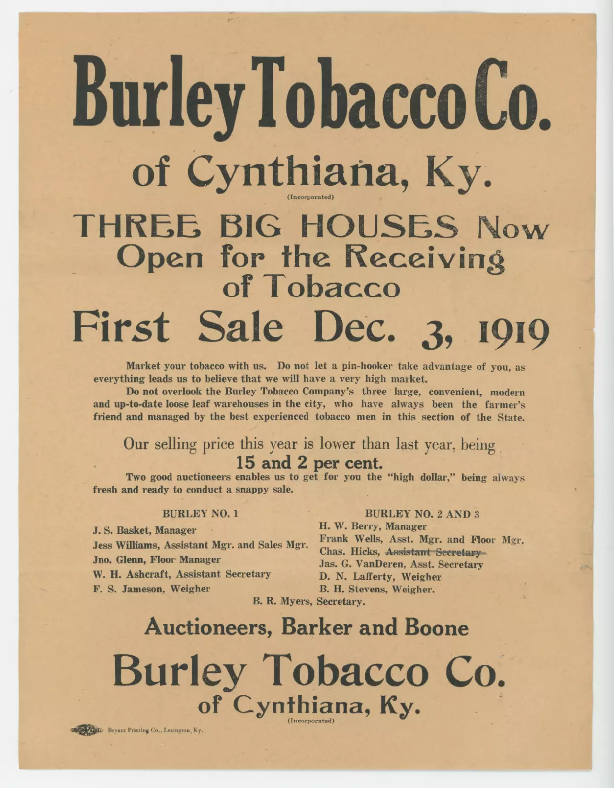 1919 Burley Tobacco Co., Annoucement Seeking Consignments
