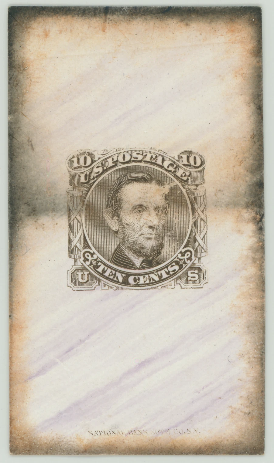 116-E1j 10¢ Lincoln Die Essay on Purple Veined Marbled Card, UNIQUE