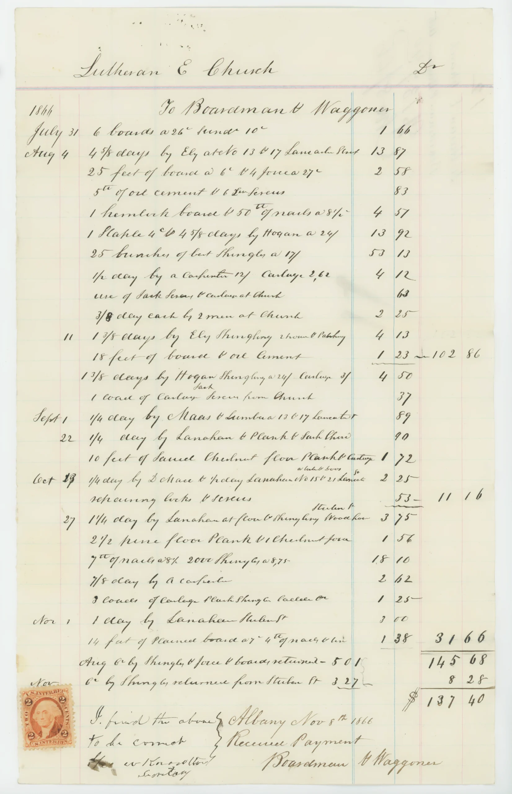 R15c Receipt for Supplies and Labor for Construction, Lutheran Episcopal Church, Albany NY
