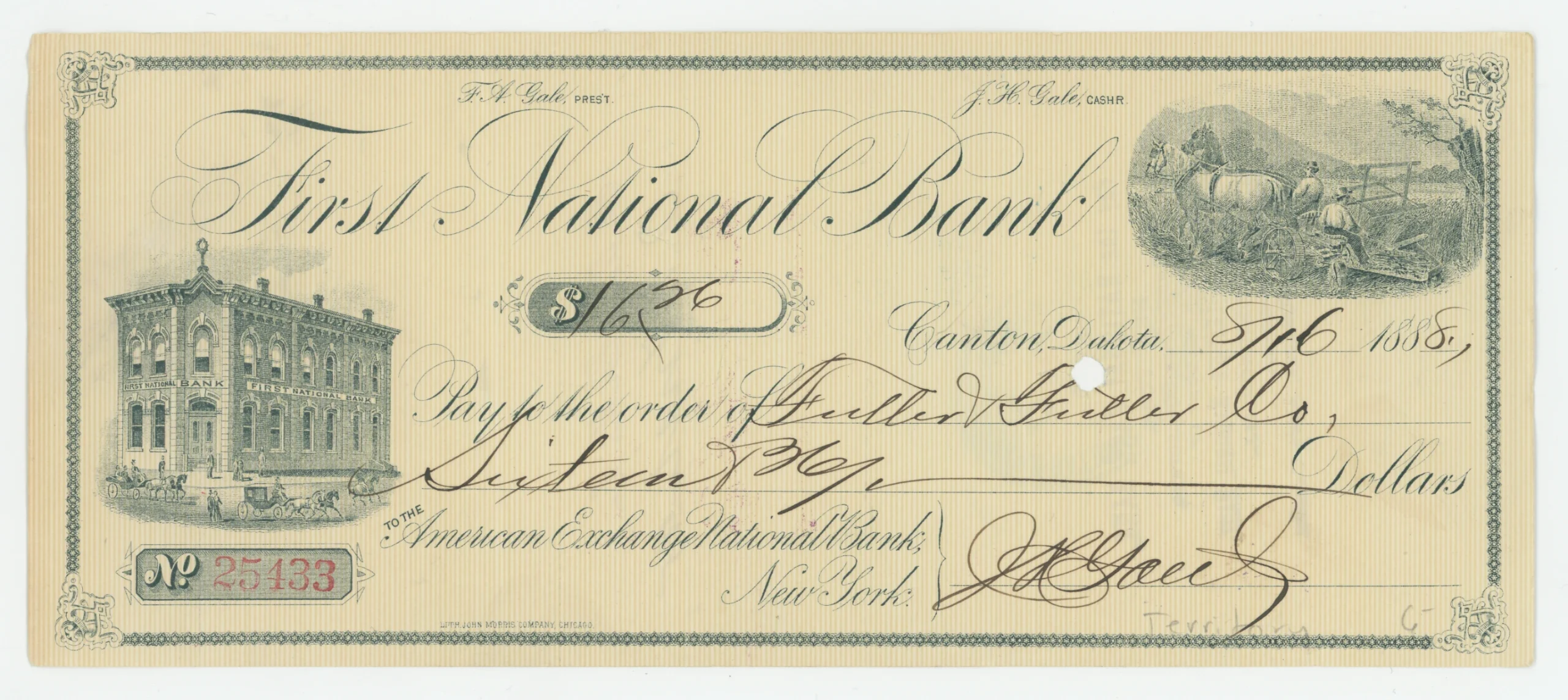 1888 First National Bank Check, Dakota Territory — Vignette from 1868 Distilled Spirits Stamps
