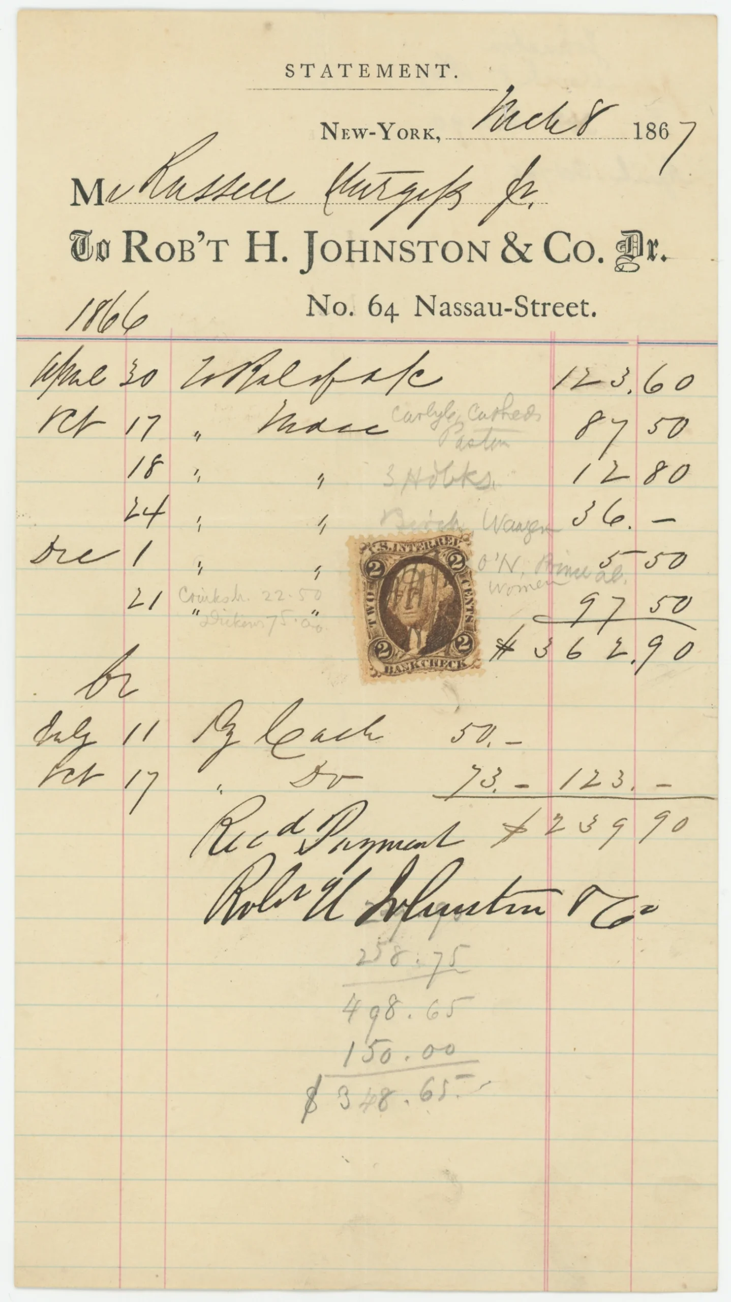 R6c Account Statement, Robert H. Johnston & Co.