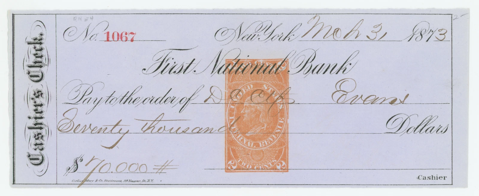 RN-E4 First National Bank Cashier's Check for $70,000
