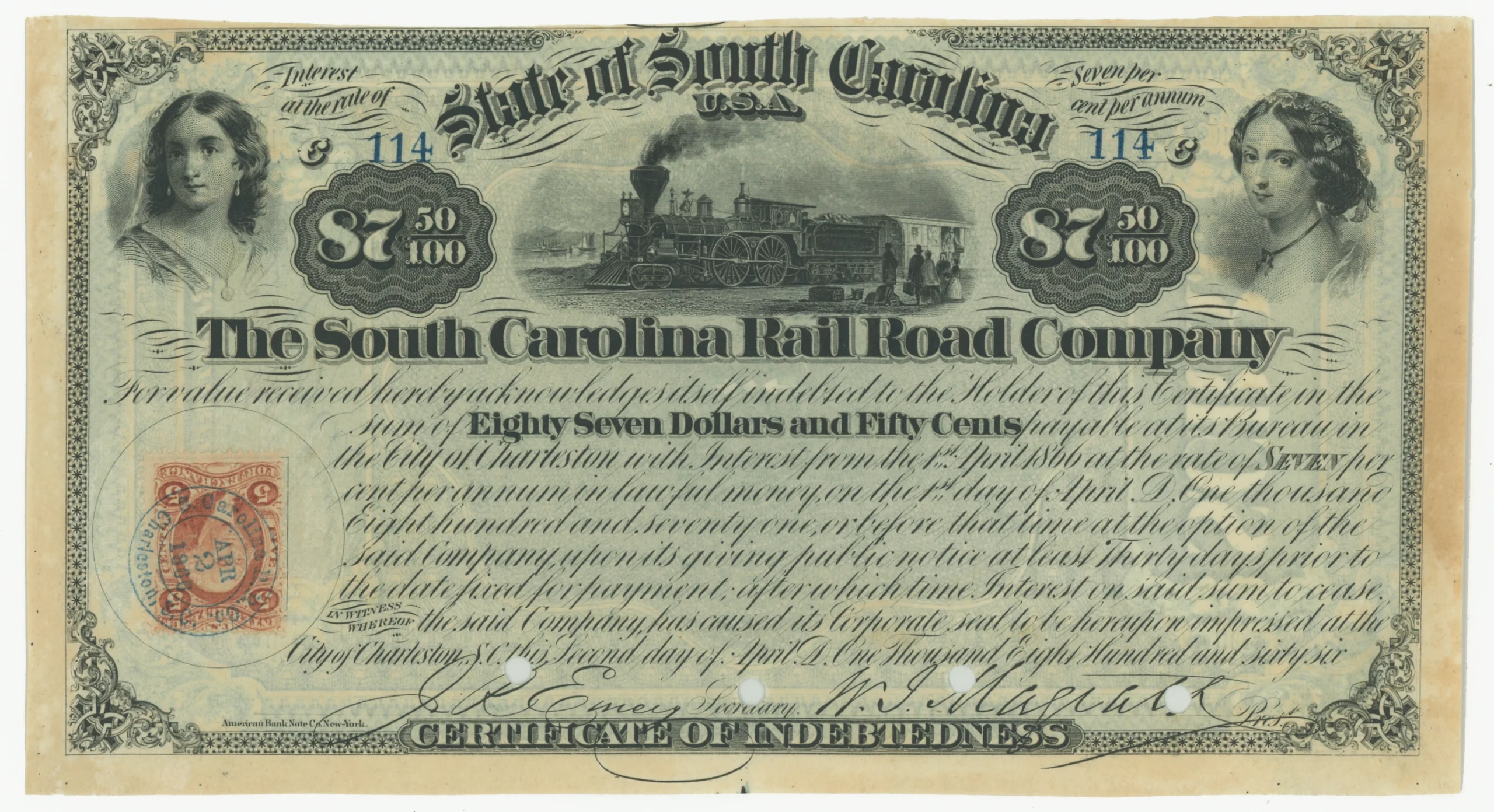 R26c South Carolina Rail Road Company Certificate of Indebtedness