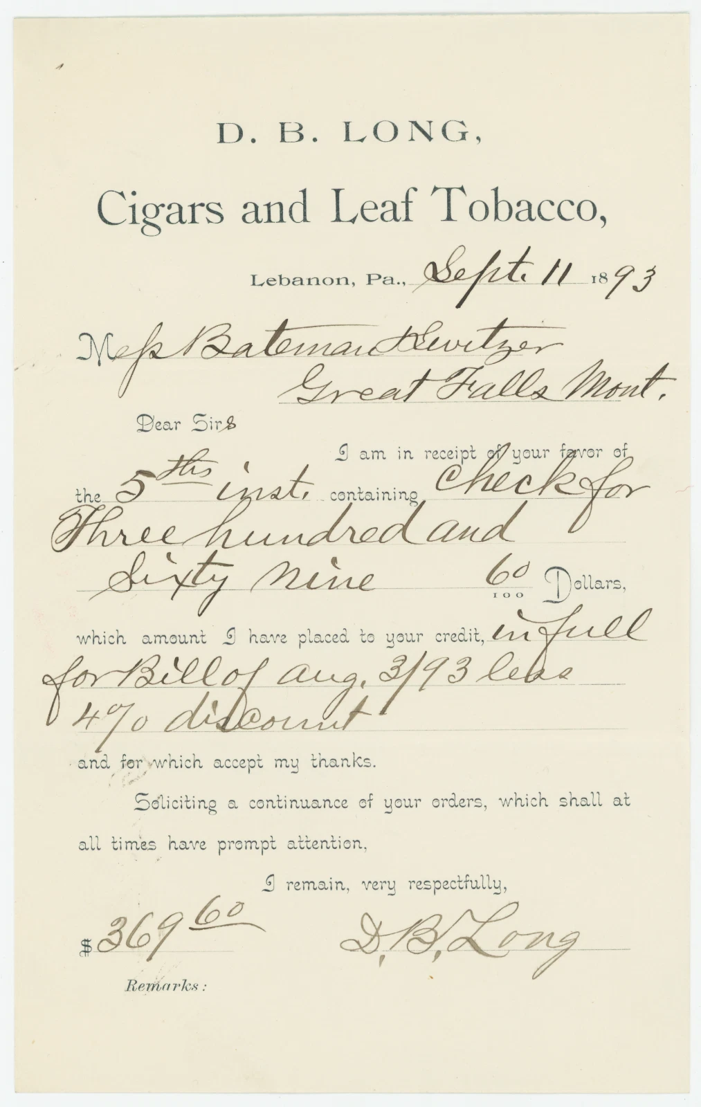1893 D.B. Long Cigars and Leaf Tobacco