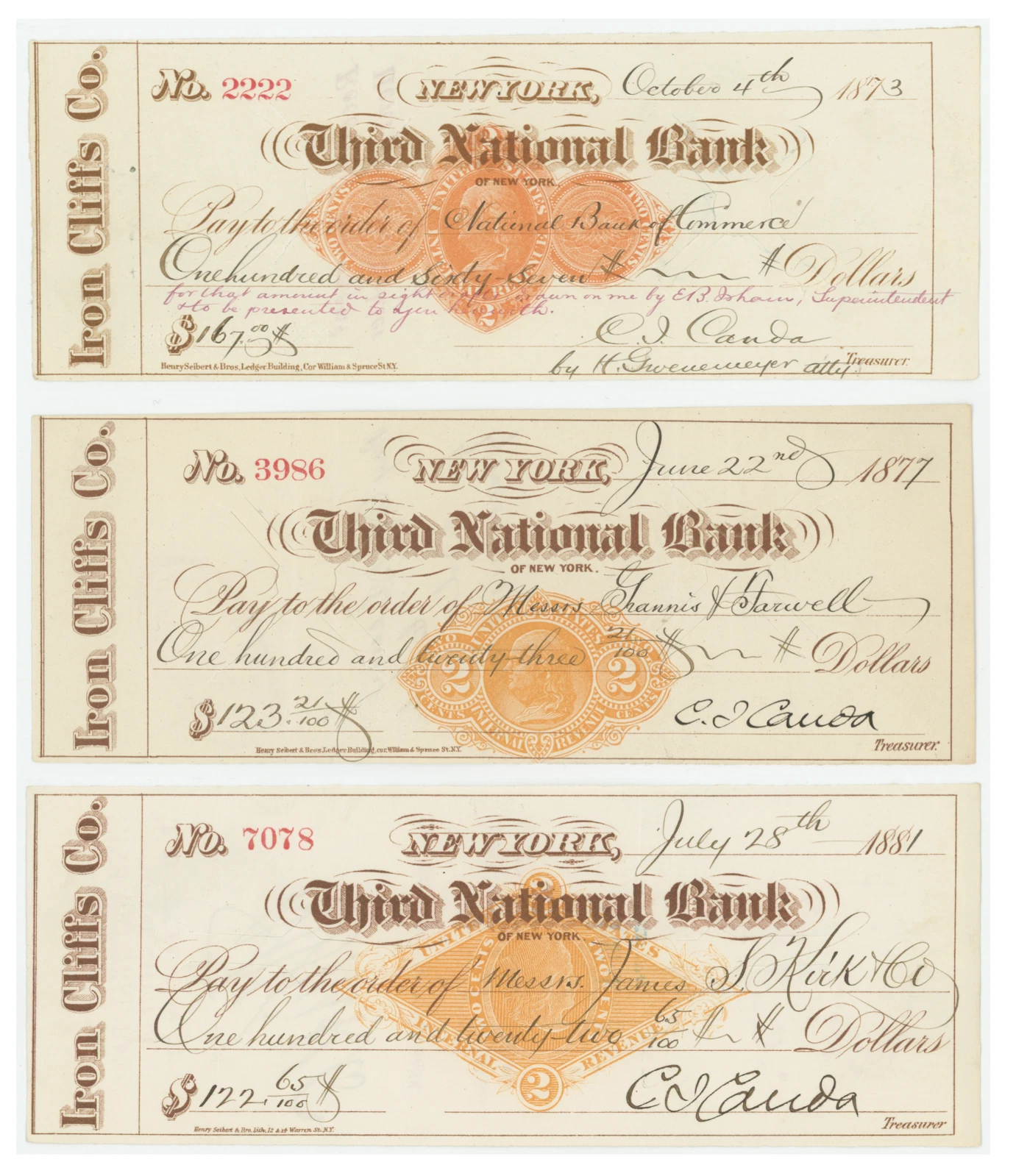 RN-D1, RN-F1, RN-G1   Group of 3 Iron Cliffs Checks