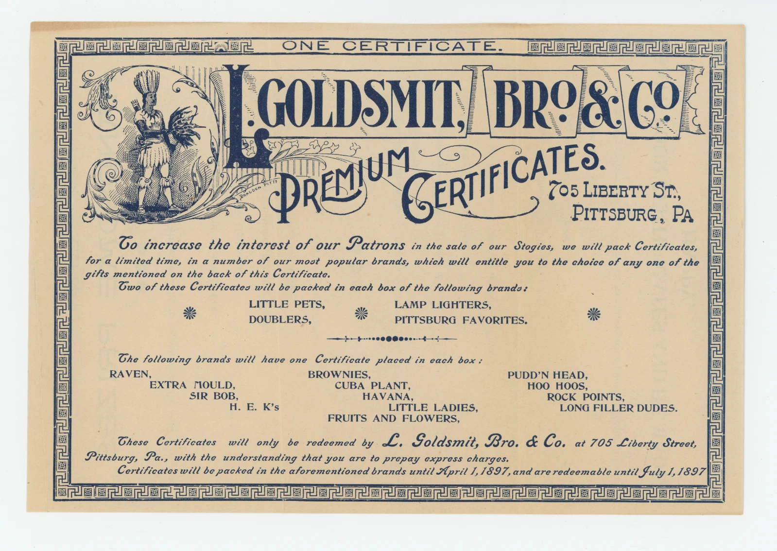 1897 L. Goldsmit, "Save Your Certificates and be Made Happy" Tobacco Premium