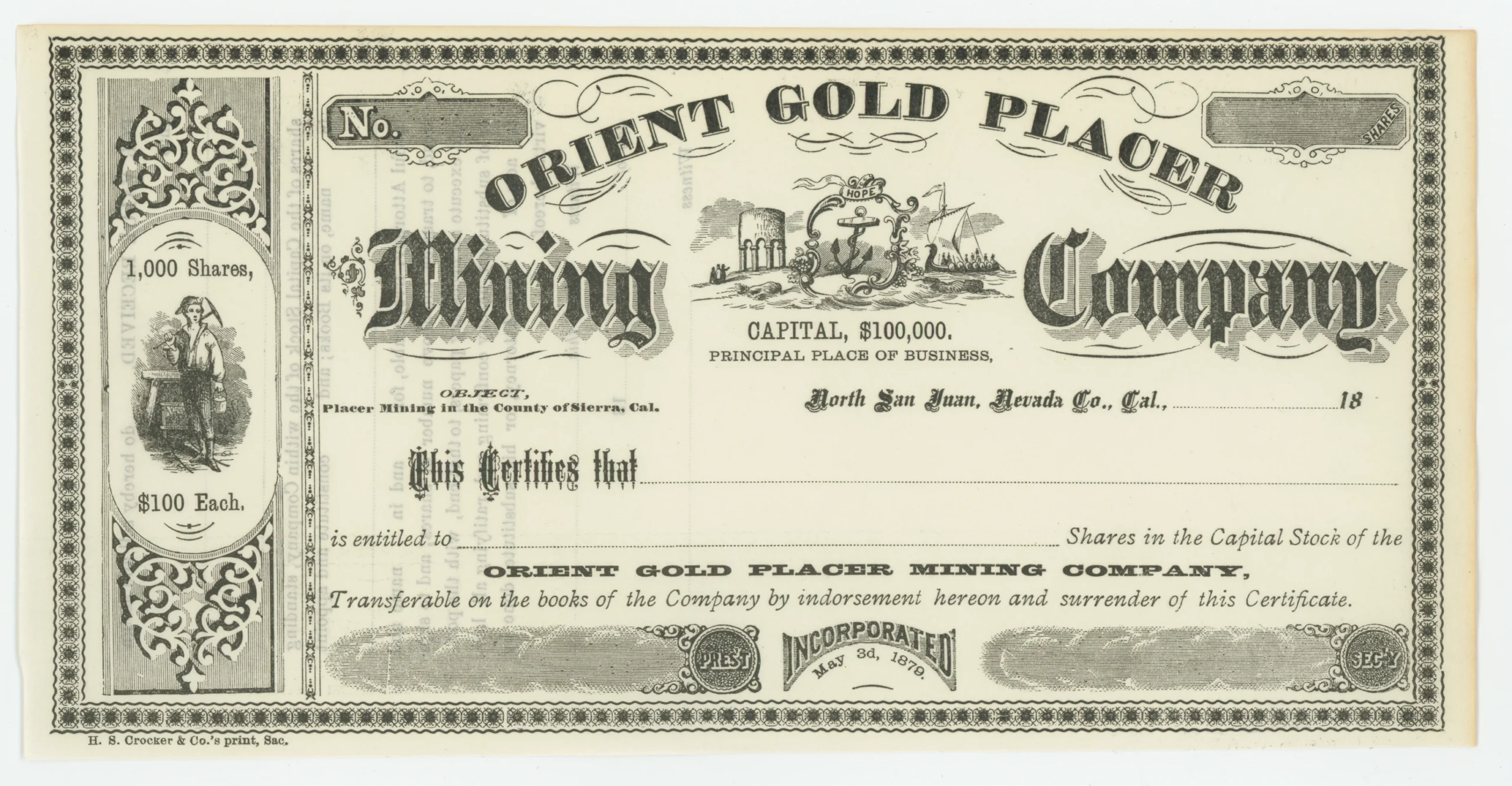 Orient Gold Placer Mining Company Stock Certificate