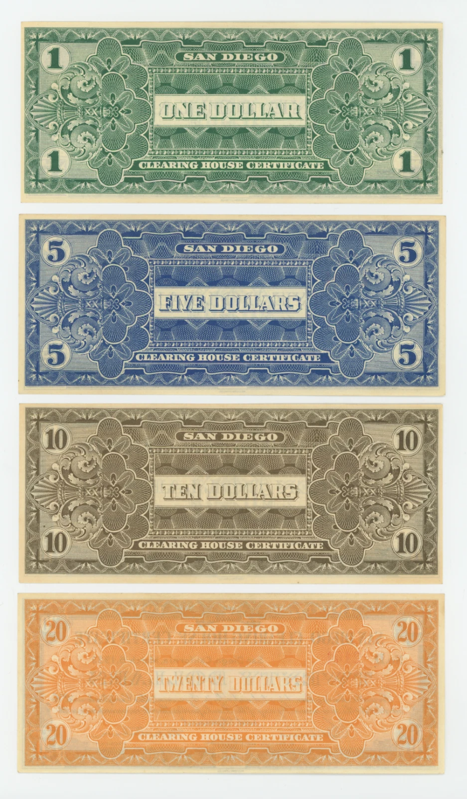 1933 San Diego Clearing House Depressions Scrip, Full Set Uncirculated