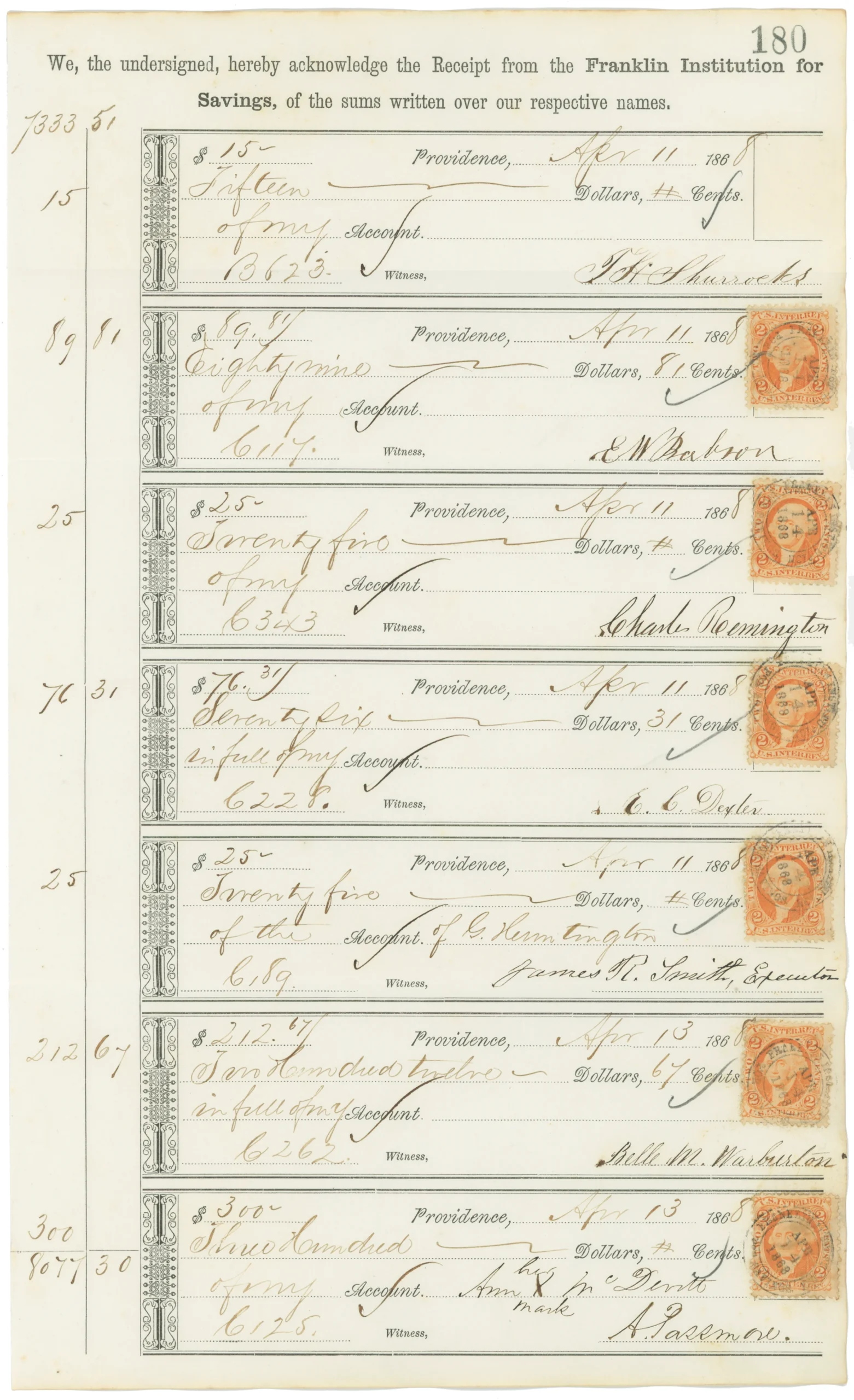R15c (x6) on Receipt Ledger, Franklin Institution for Savings