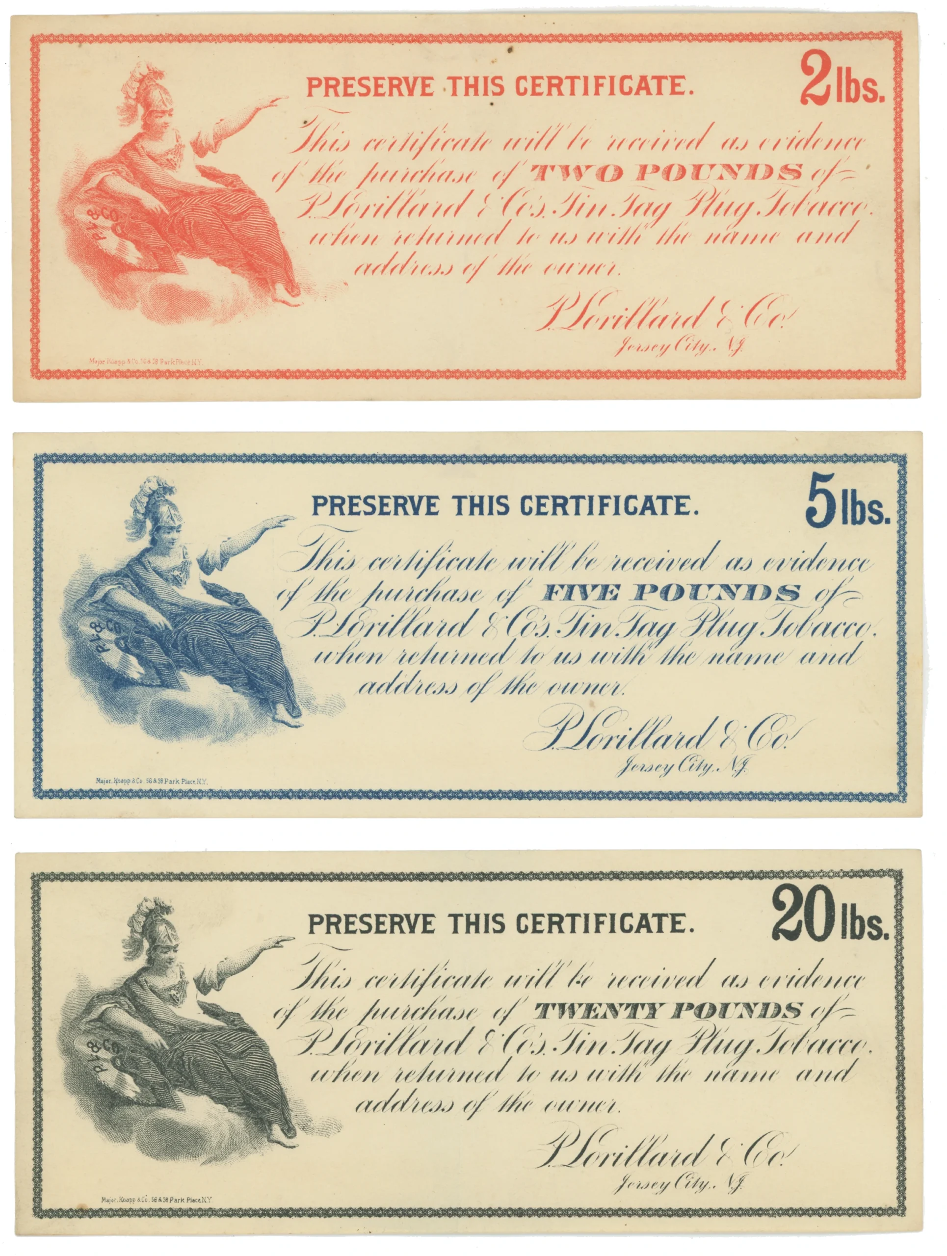 P. Lorillard & Co. Premium Certificates, Set of 3