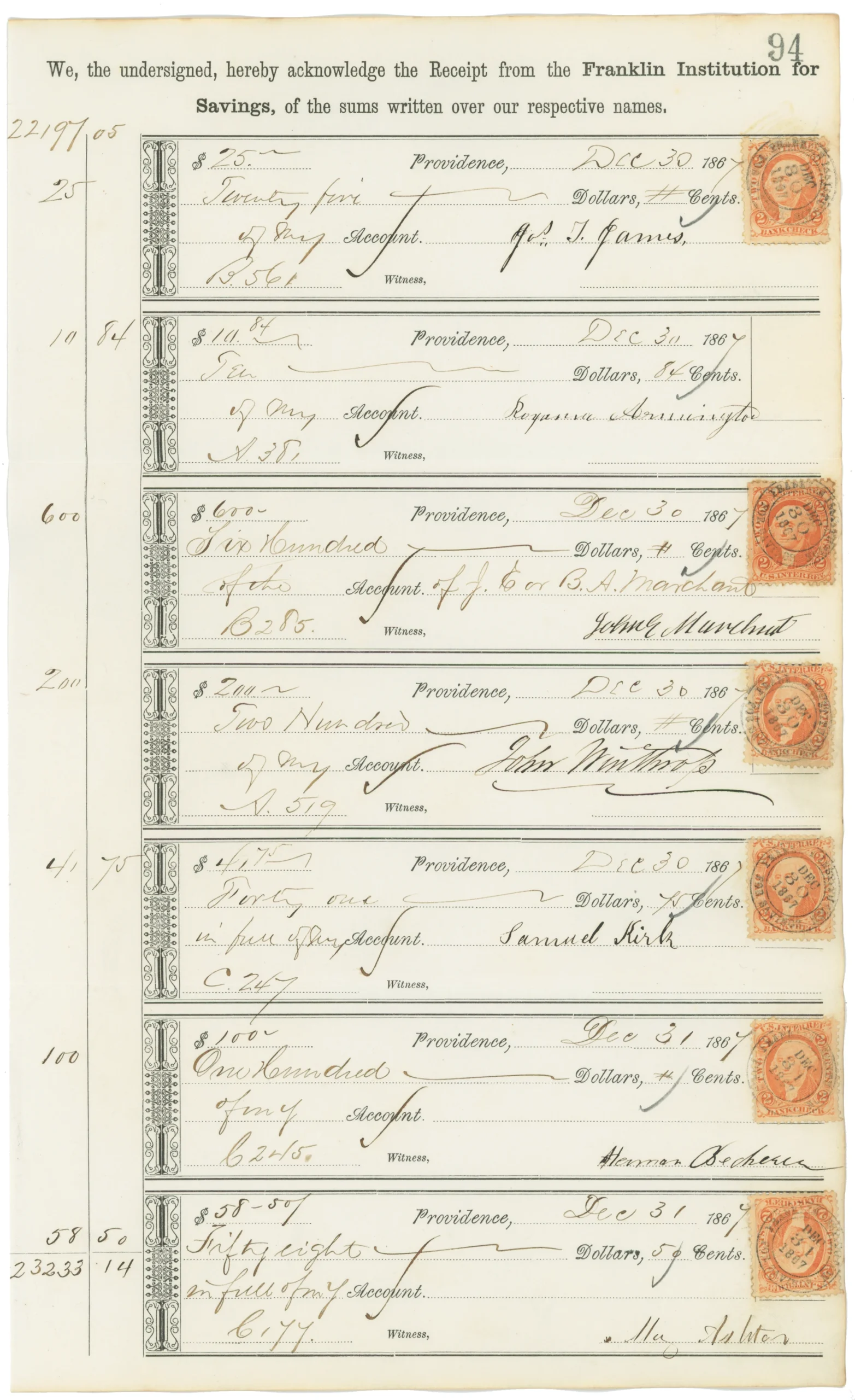 R5c (x5) + R15c (x1) on Receipt Ledger, Franklin Institution for Savings