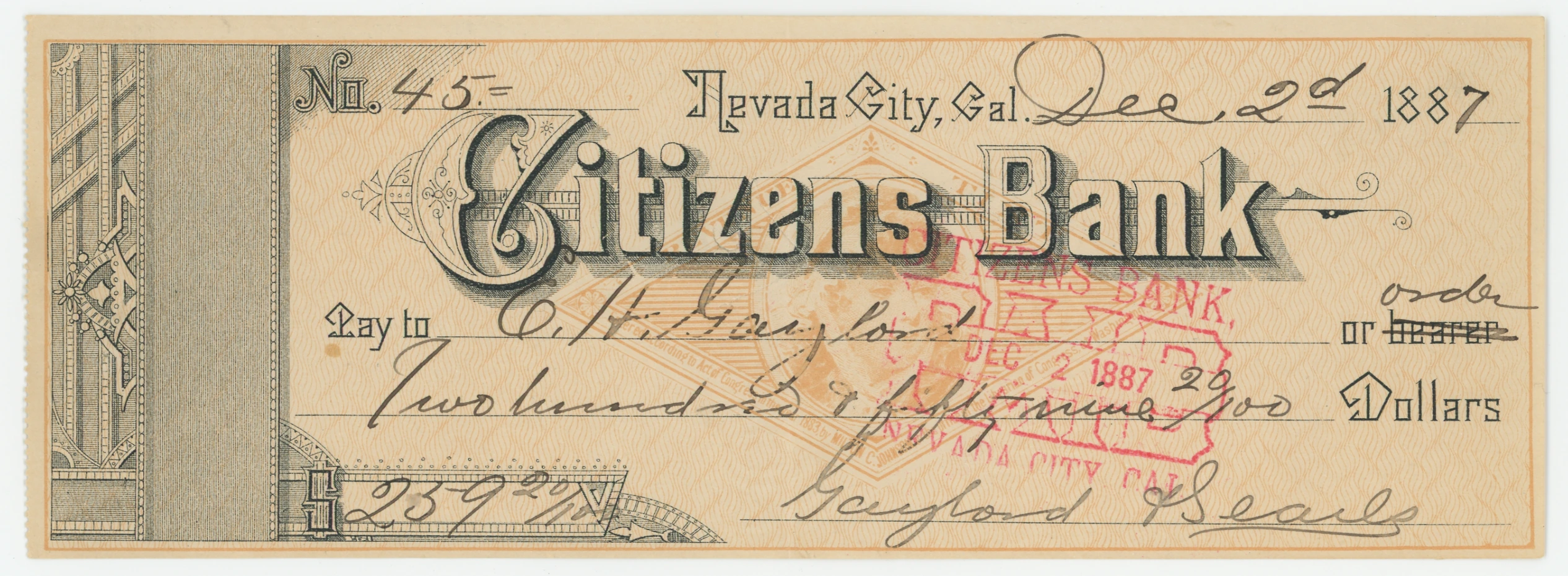 RN-G1 Facsimile on Citizens Bank Check