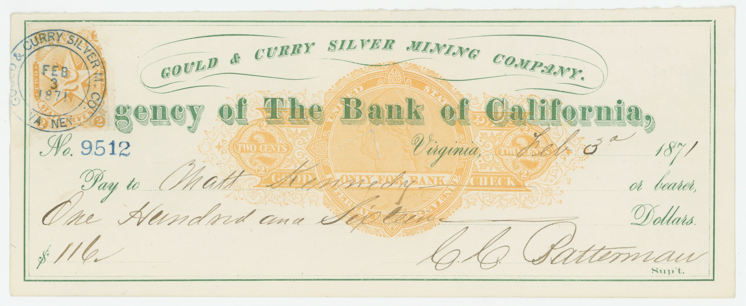 RN-C21 Agency of The Bank of California, 2¢ Yellow Nevada State Rouletted Adhesive