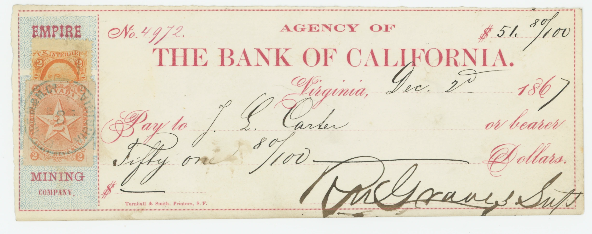 R15c + 2¢ Nevada — Agency Of The Bank Of California, Empire Mill & Mining