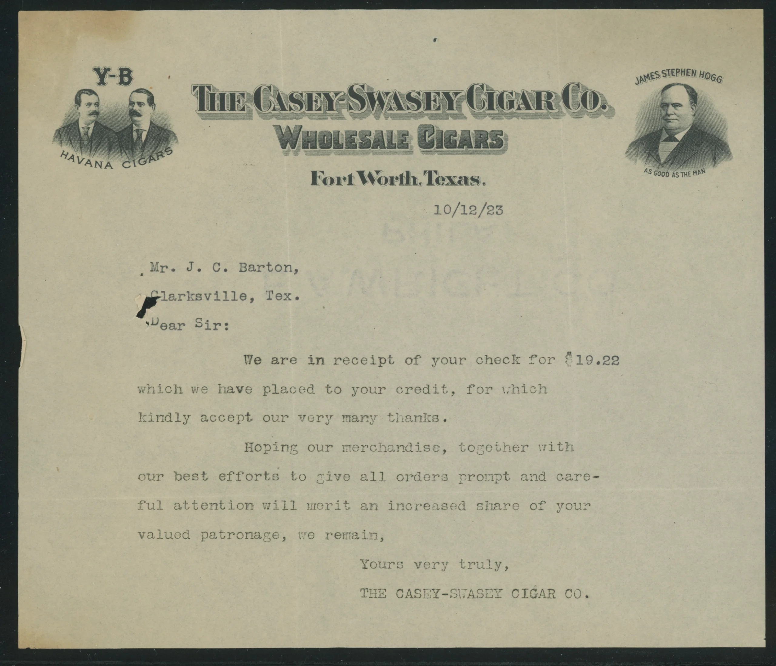 1923 The Casey-Swasey Cigar Co. Wholesale Cigars