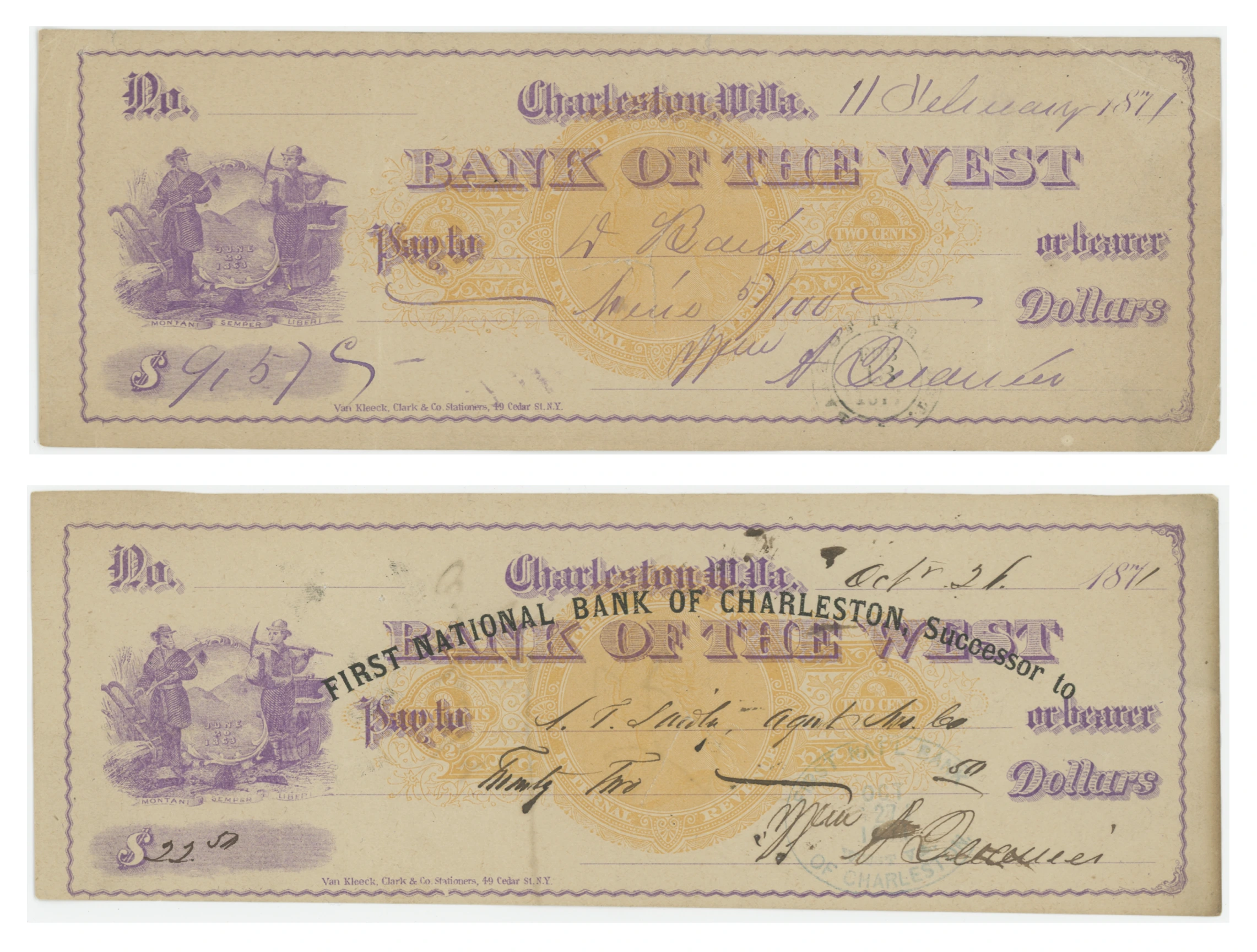 RN-C1 Charleston, W. Va Group of 2 Bank of the West Checks