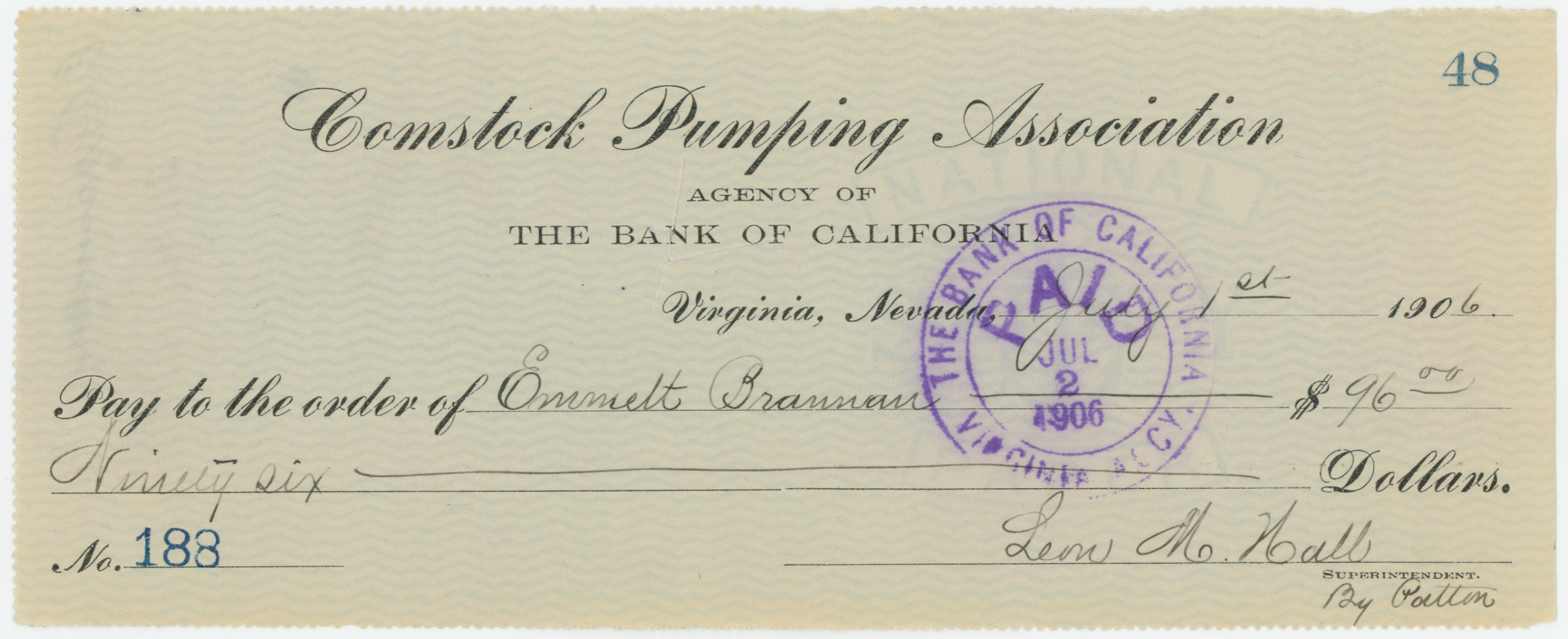 1906 Comstock Pumping Station, Agency of the Bank of California