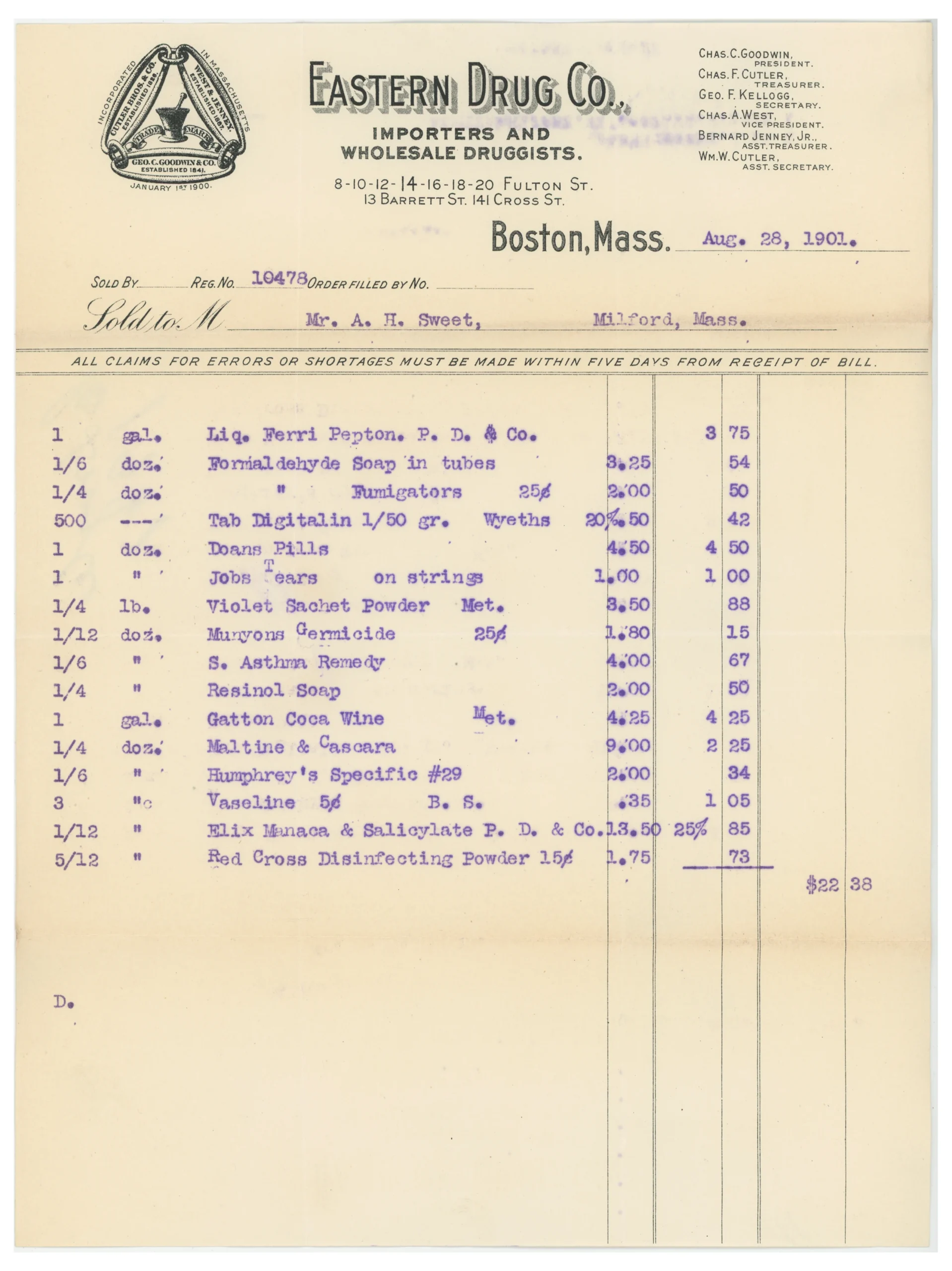 Eastern Drug Co., Importers and Wholesale Druggists, Invoice