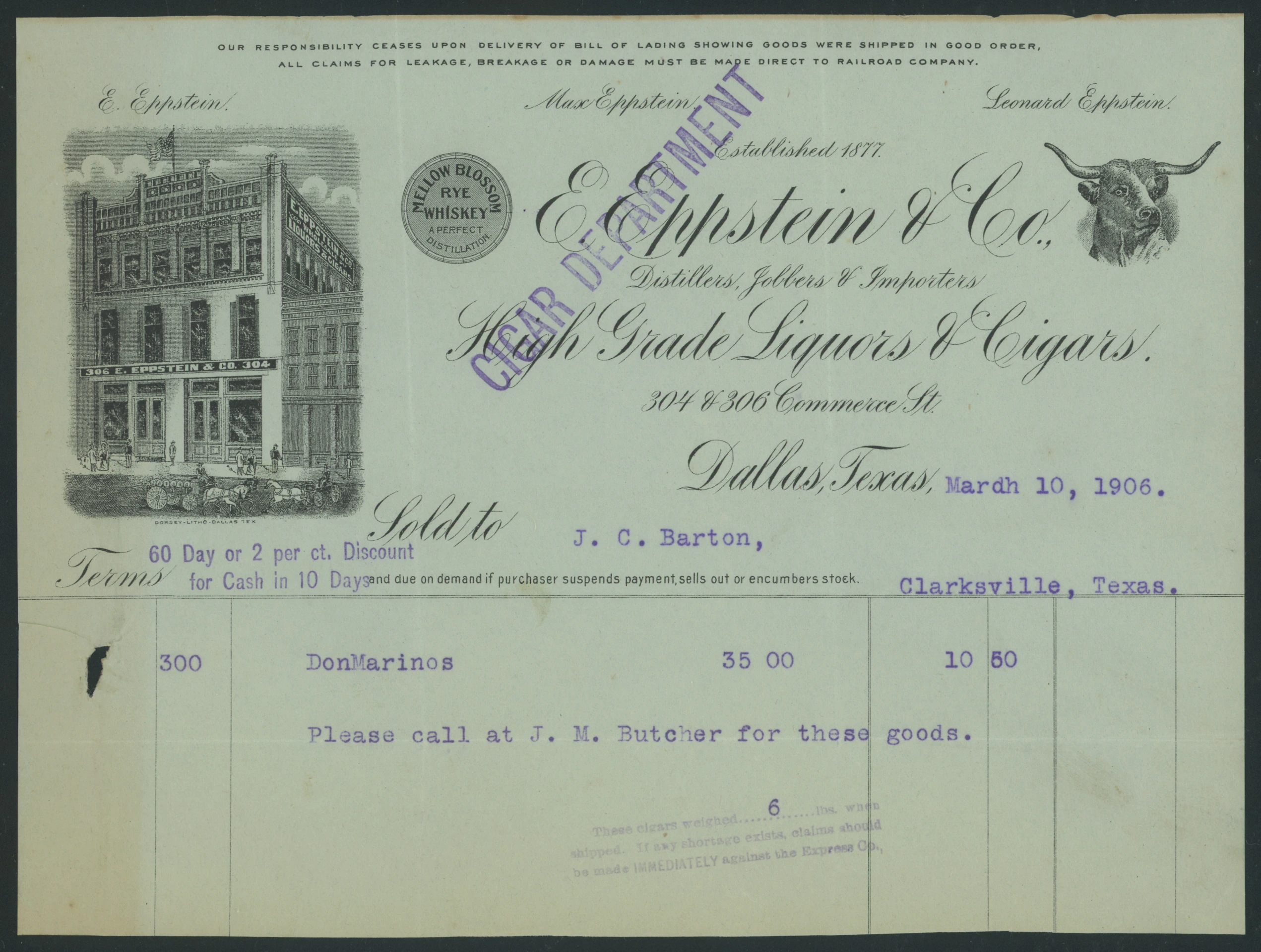 1906 E. Eppstein & Co., High Grade Liquors & Cigars Billhead