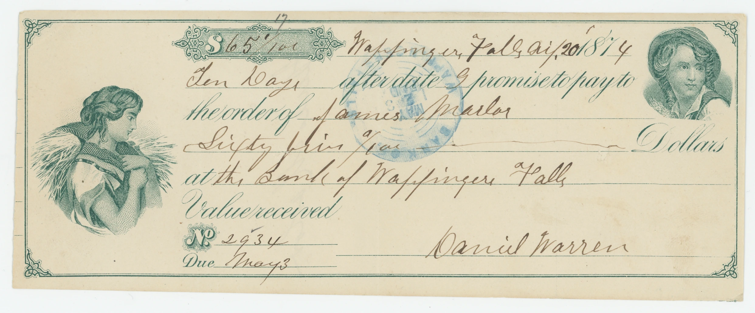 1874 Promissory Note, Wappinger Falls, NY