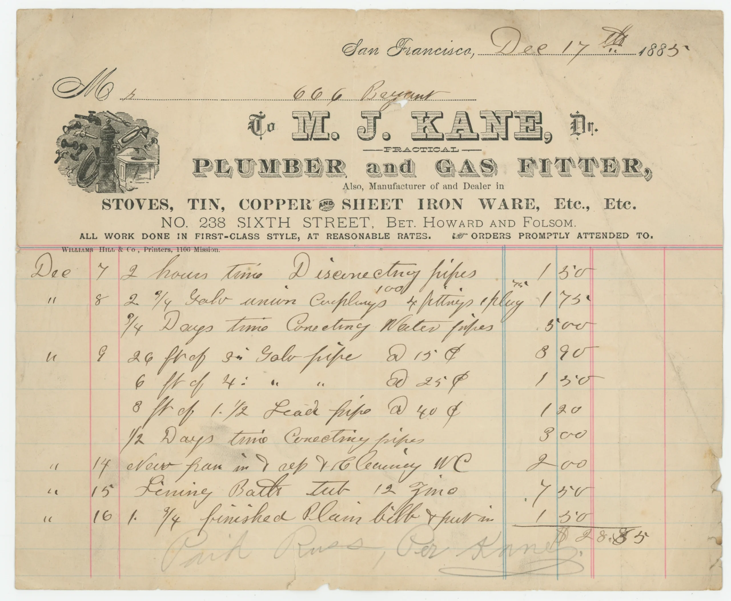 1885 M.J. Kane, Practical Plumber and Gas Fitter