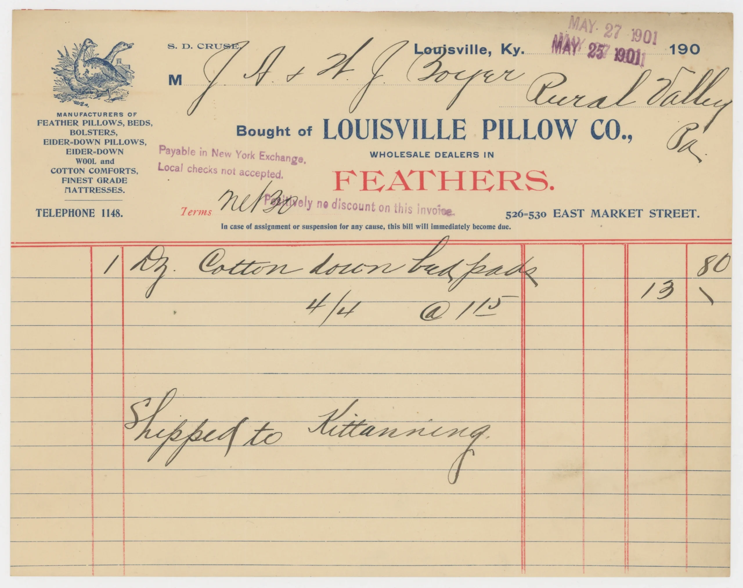1901 Louisville Pillow Co., Wholesale Feathers