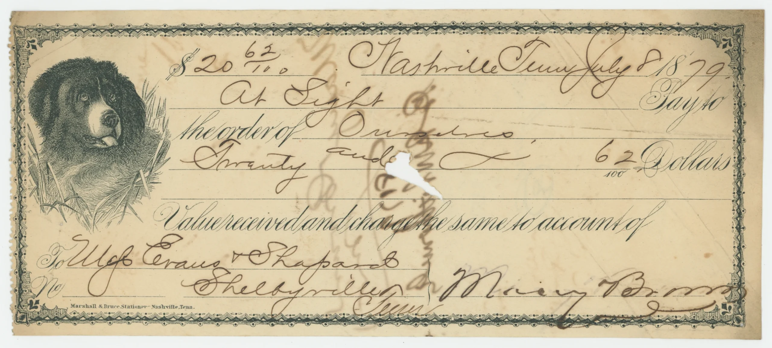 1879 Sight Draft, Messrs. Evans & Shepard, Nashville
