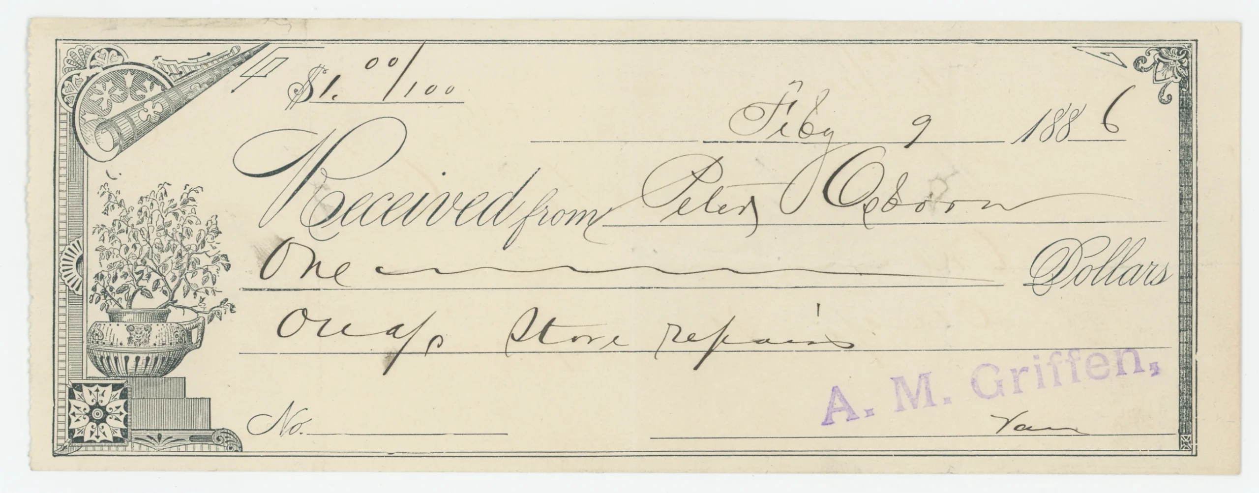 1886 Receipt for $1 for Store Repairs