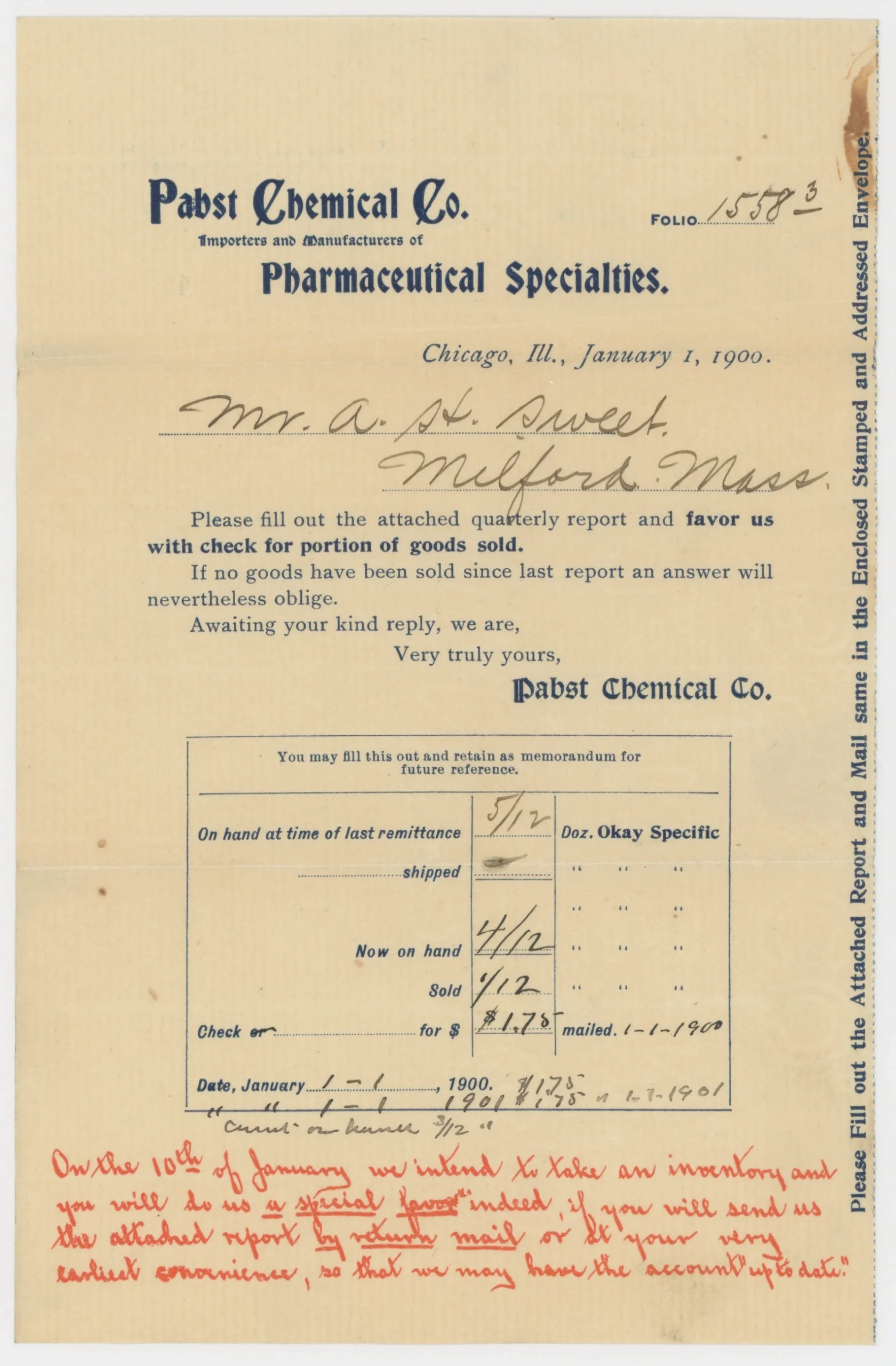 Pabst Chemical Co., Pharmaceutical Specialties, Invoice