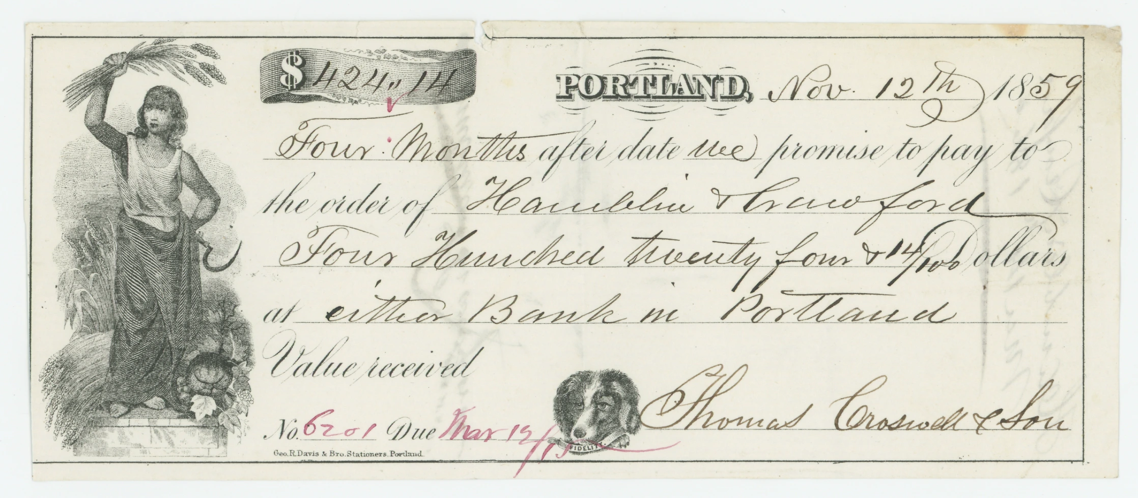 1859 Promissory Note, Portland