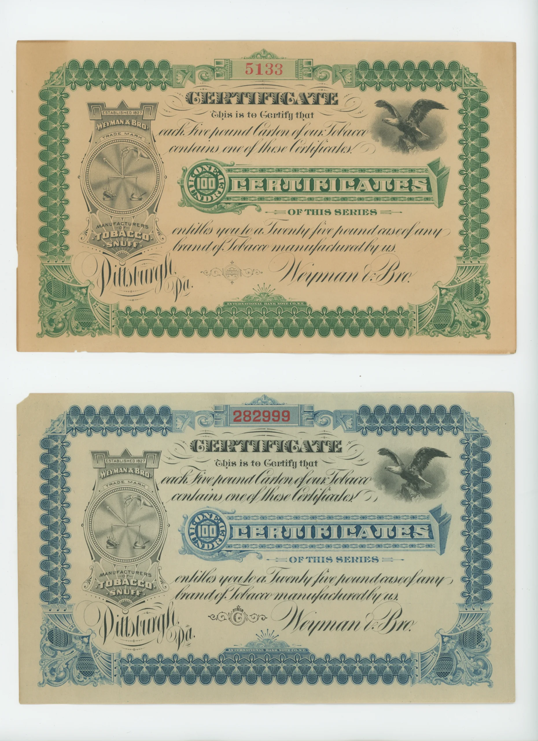 Weyman & Bro. Tobacco Premium Certificates in Blue & Green