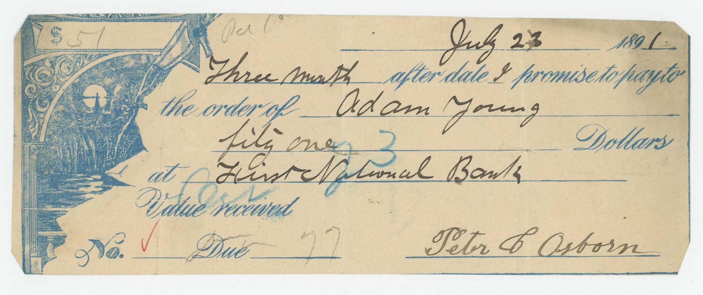 1891 Promissory Note with Haunting Moonlight Vignette