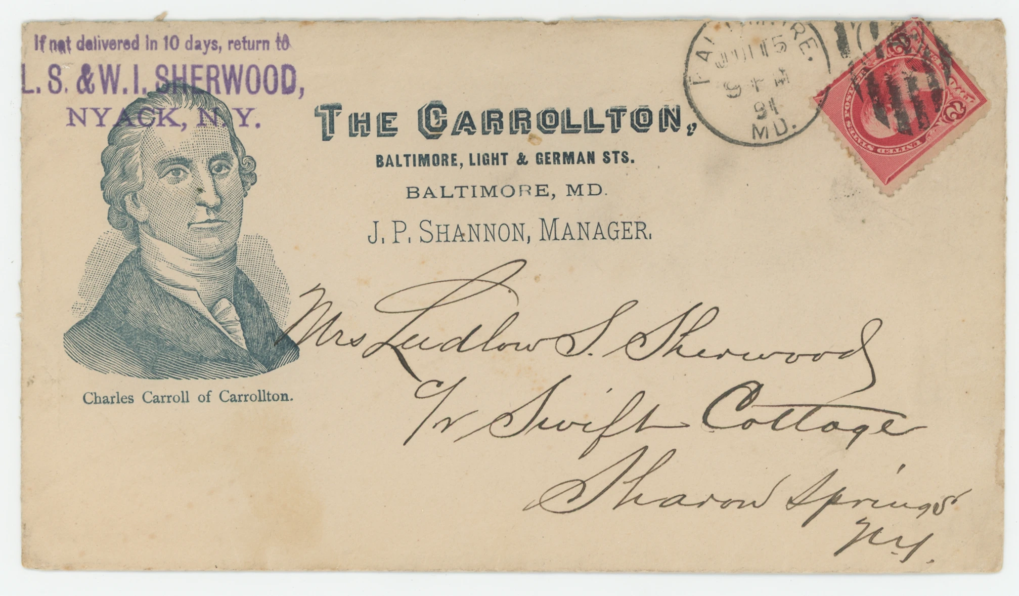 1891 The Carrollton, Baltimore to Sharon Springs