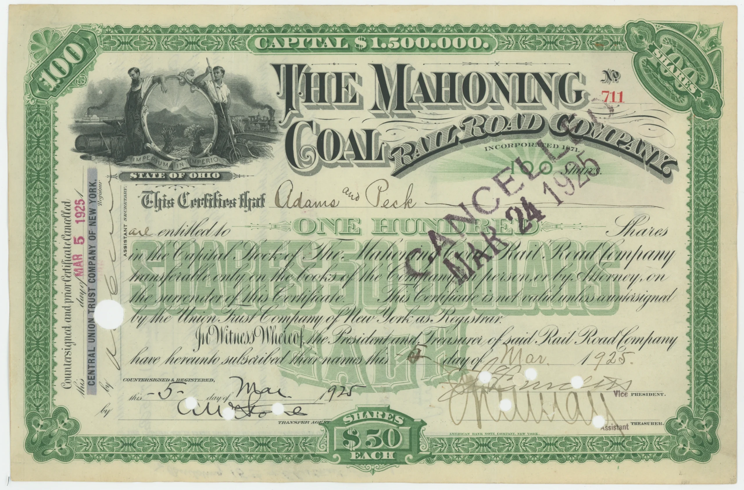 The Mahoning Coal Rail Road Company Stock Certificate (Stamps on Back)