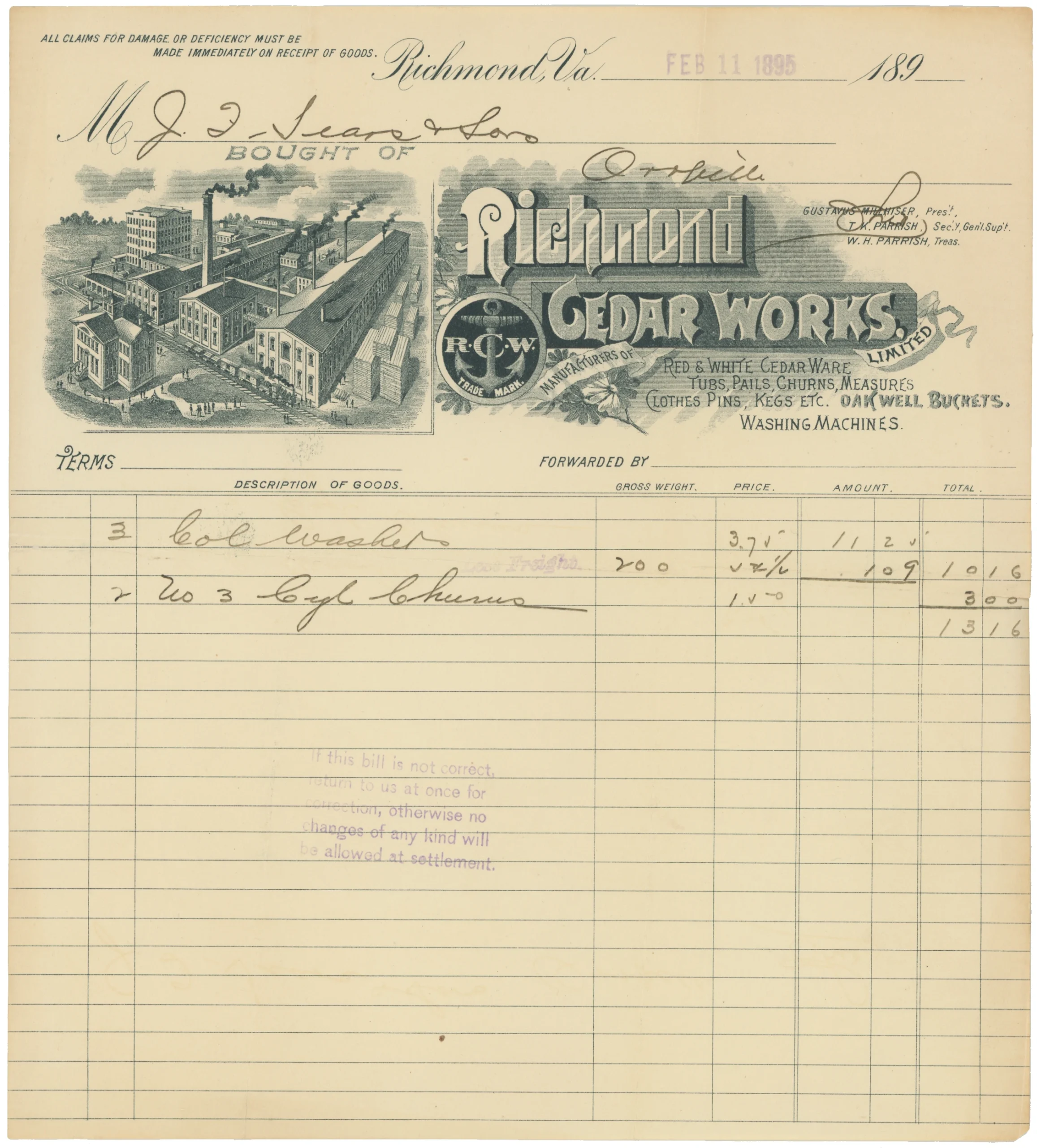 Richmond Cedar Works, Ltd. Billhead