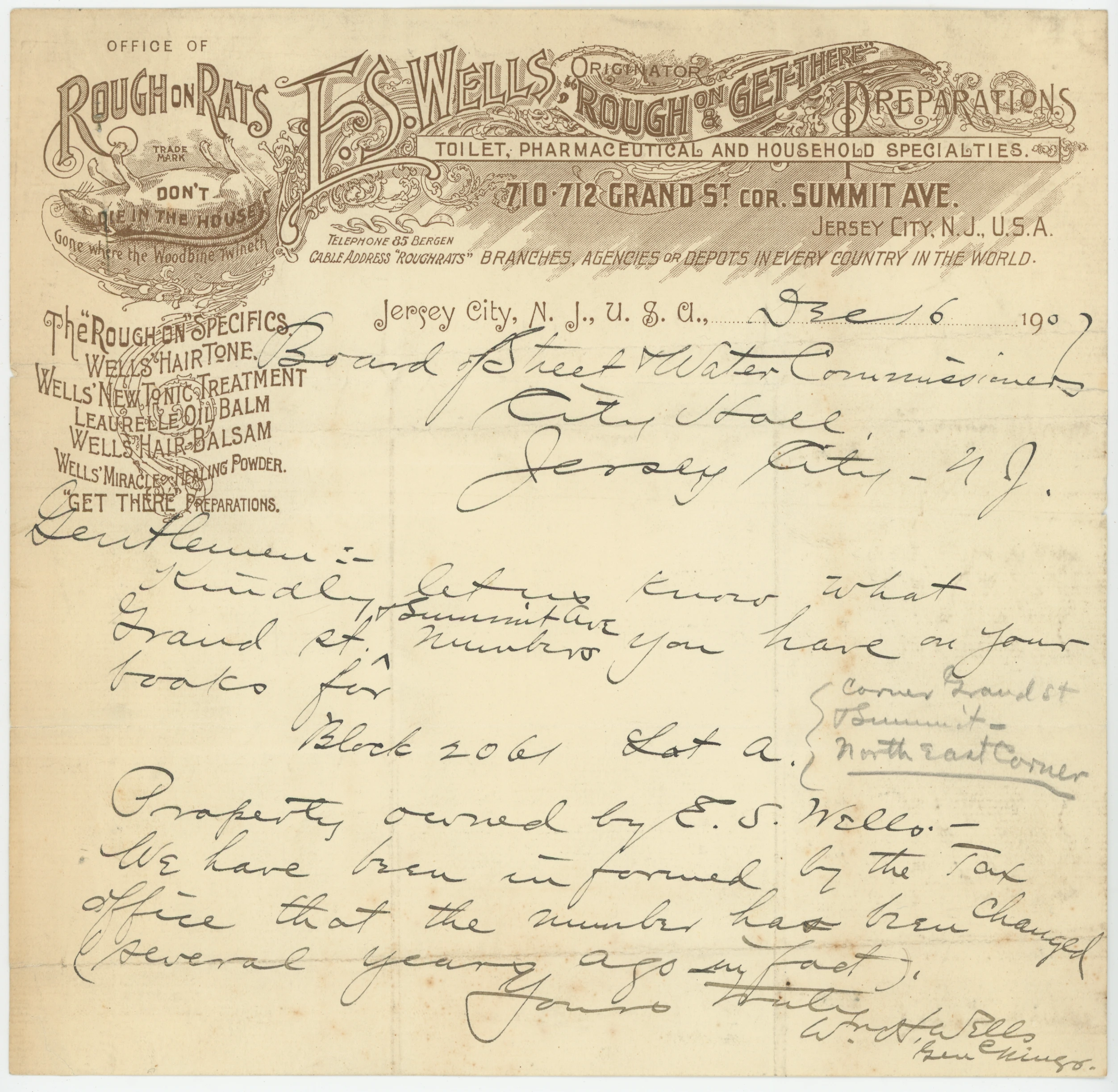 1907 Rough on Rats, F.S. Wells Letterhead