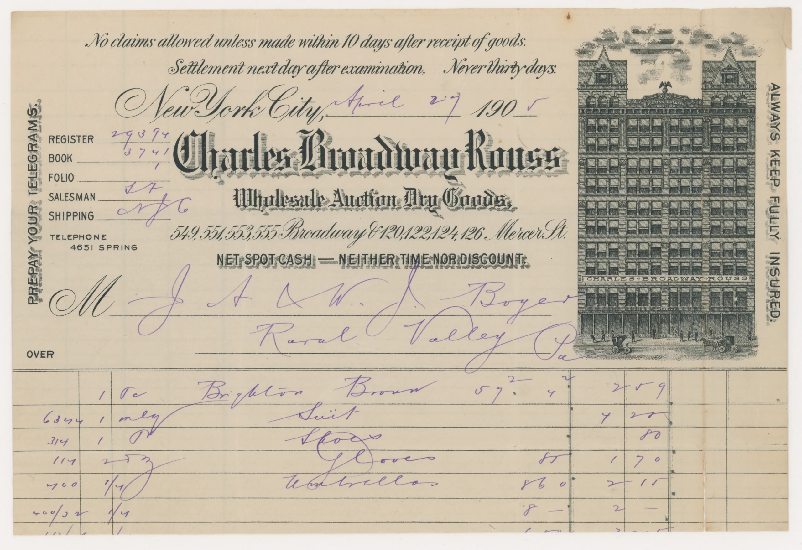 1905 Charles Broadway Rouss, Wholesale Auction, Dry Goods