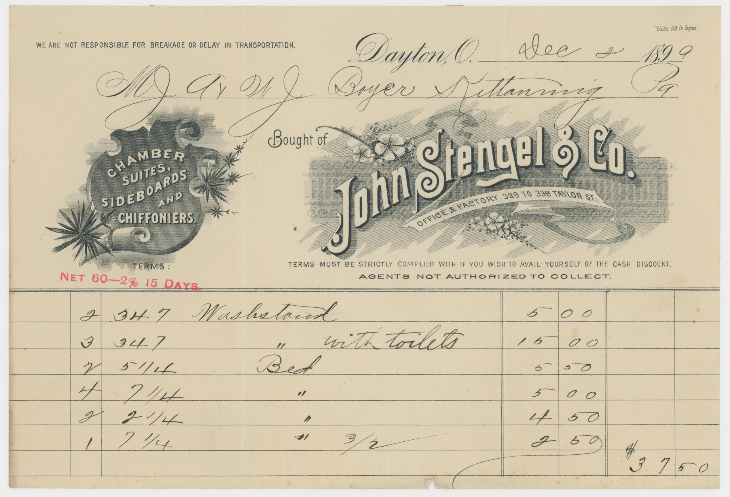 1899 John Stengel & Co., Chamber Suits, Sideboards, Chiffoniers