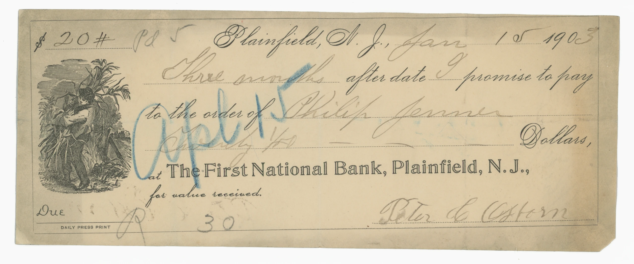 1903 First National Bank, Promissory Note