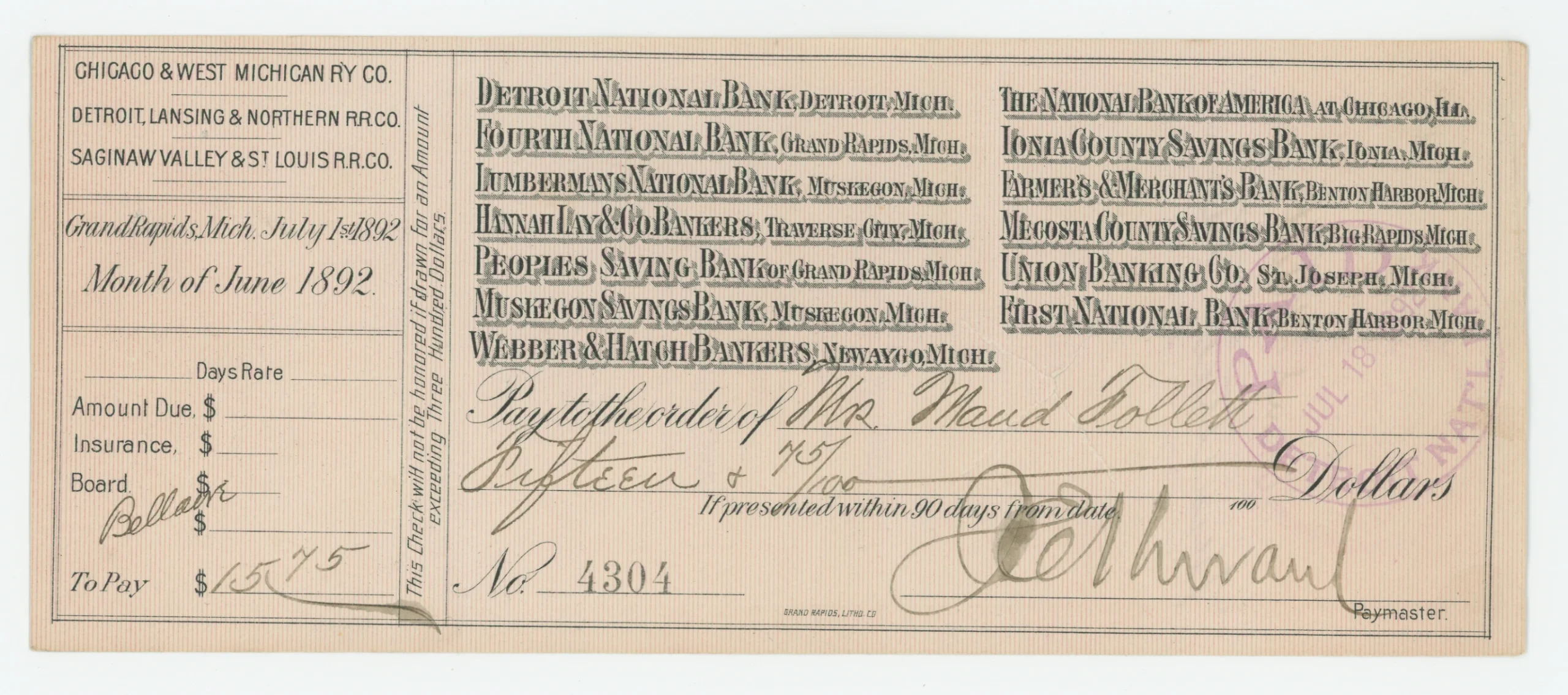 Detroit National and 12 Other Banks, Railroading Pay Check