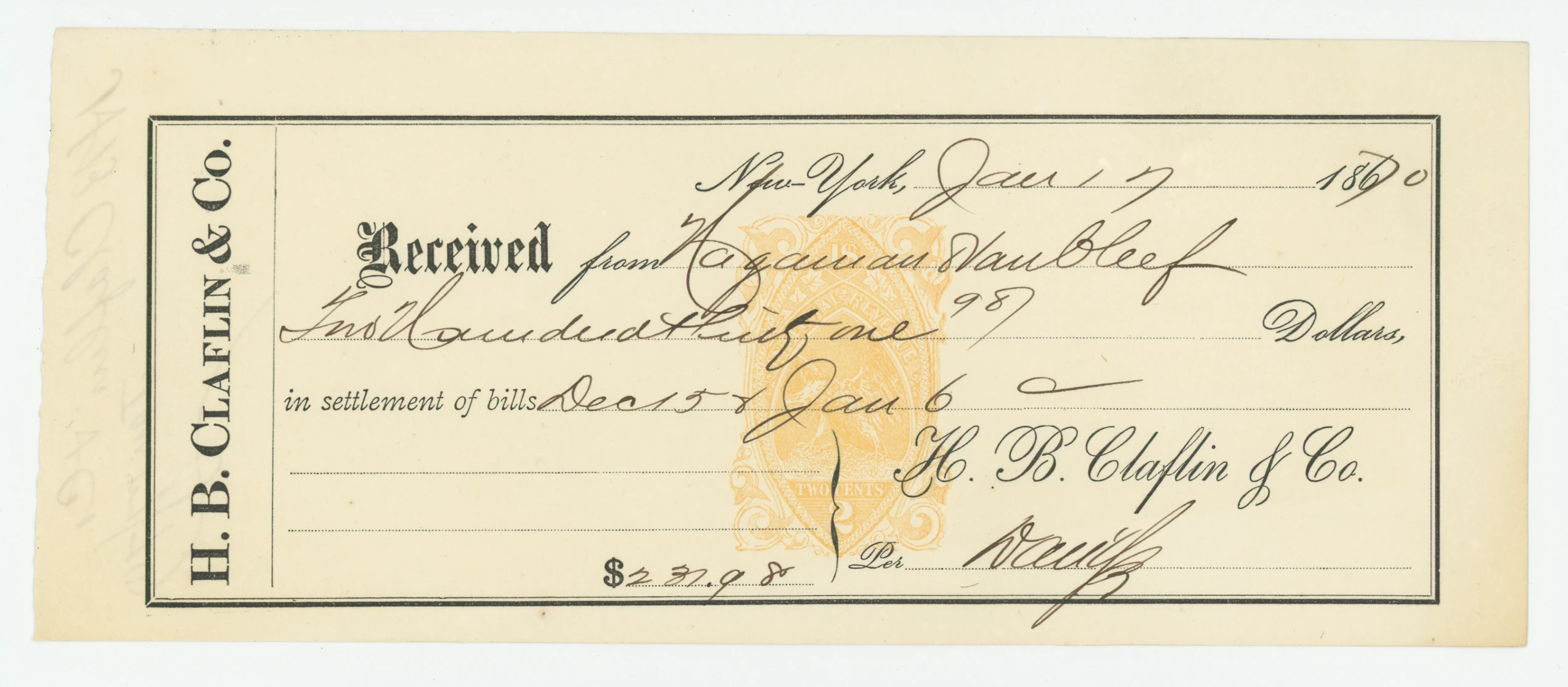 RN-B1 Receipt, H.B. Claflin & Co.