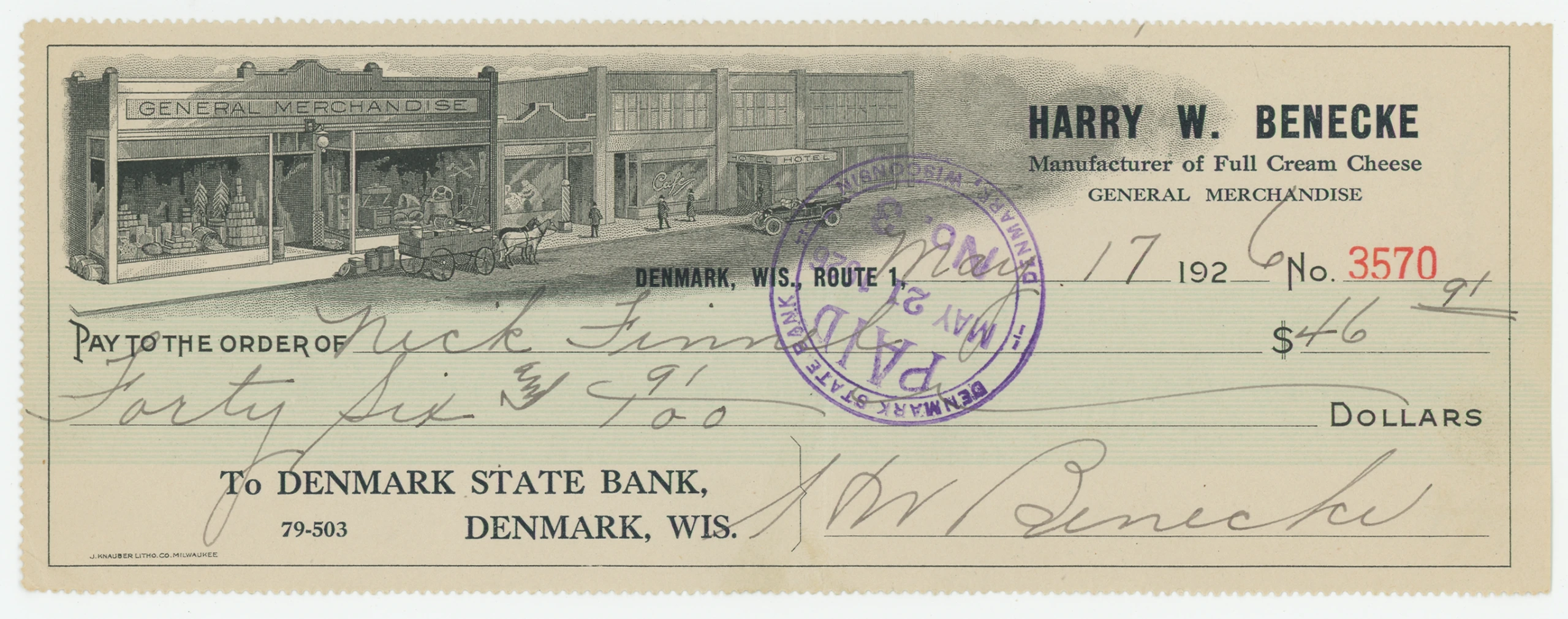 1926 H.W. Benecke Mfg. of Full Cream Cheese and General Merch.