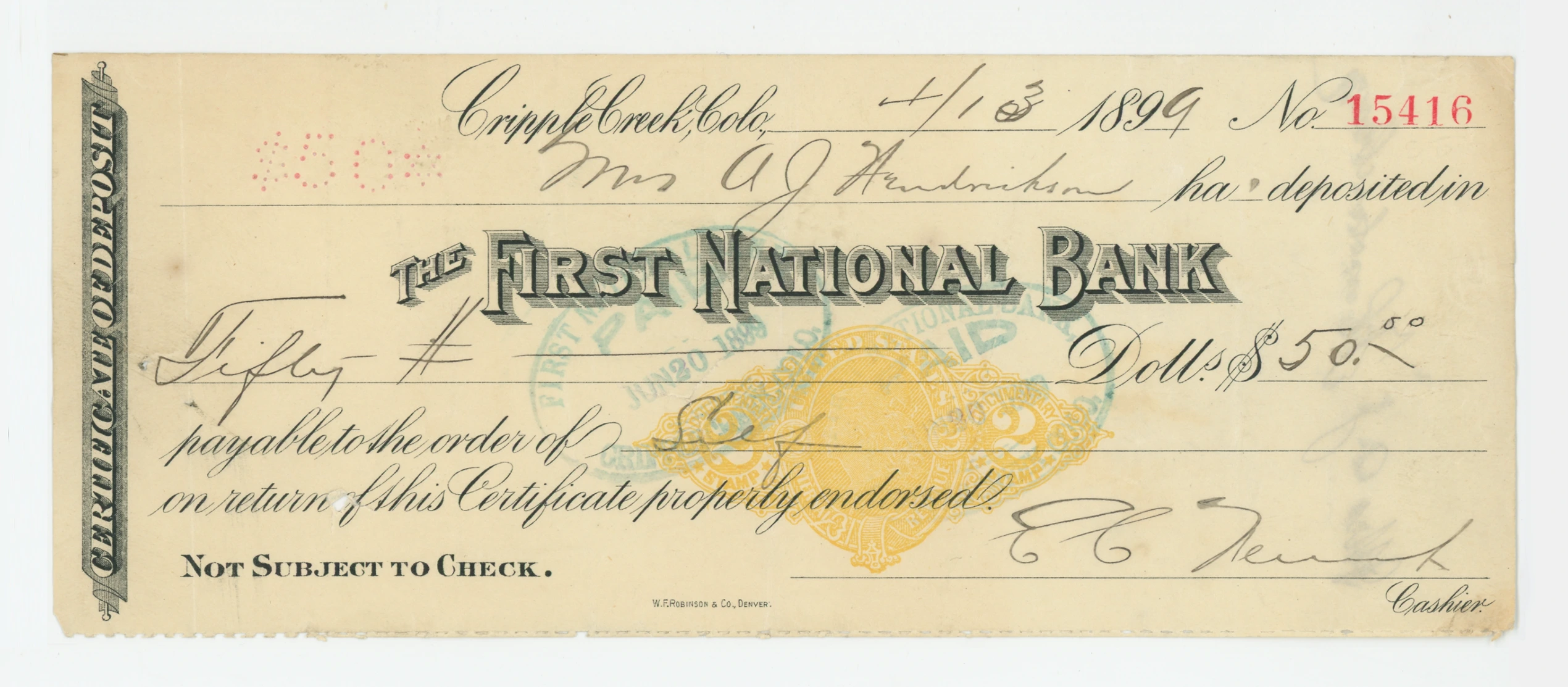 RN-X7 The First National Bank, Certificate of Deposit