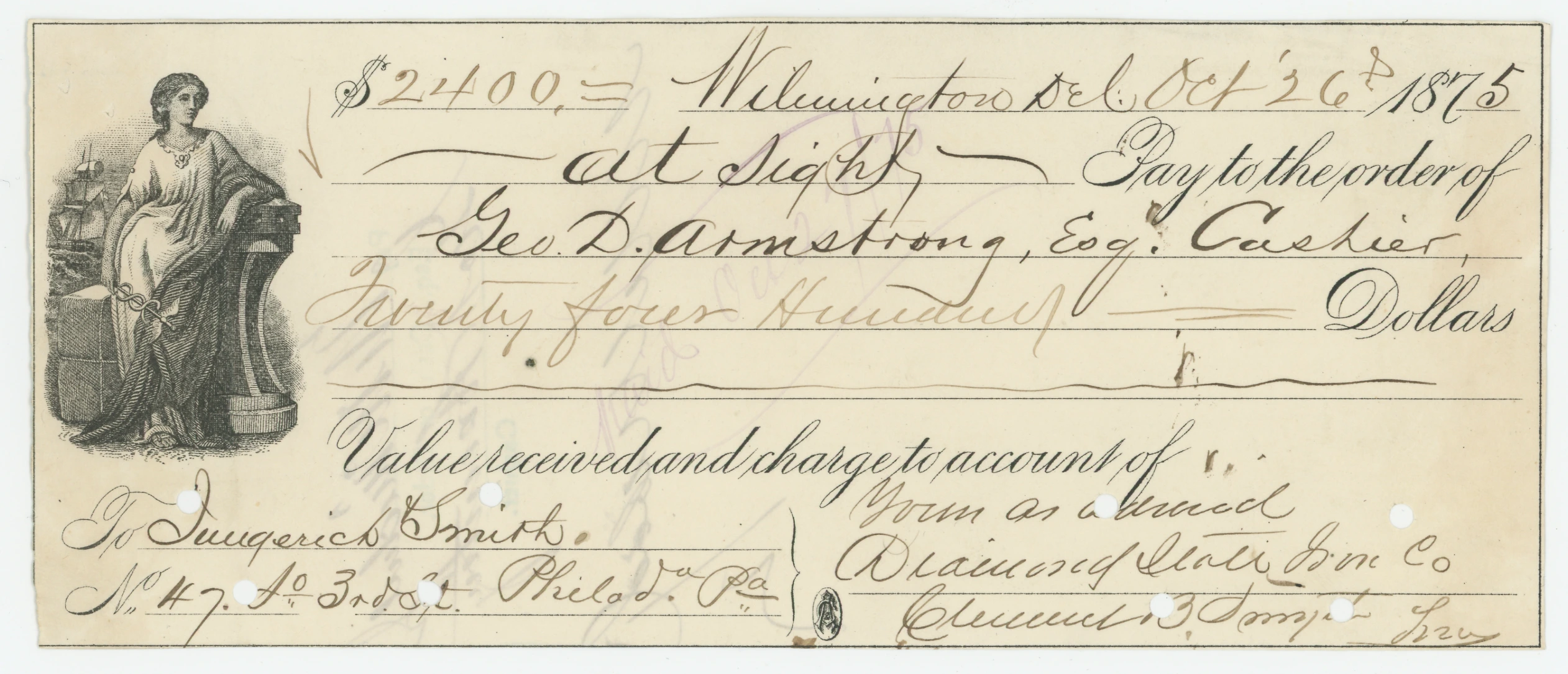 1875 Sight Draft, Nautical-Themed Female Vignette