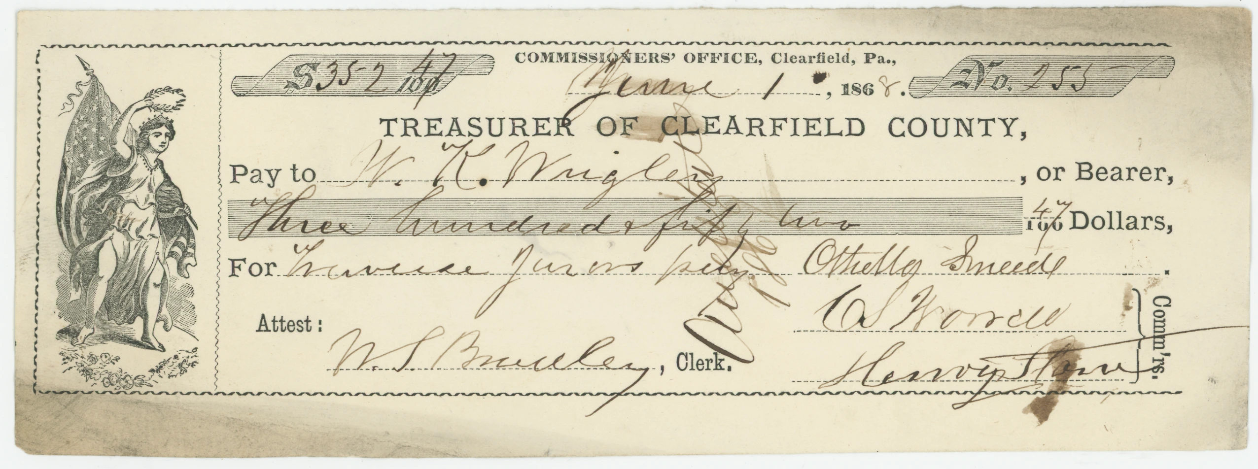 1868 Treasurer of Clearfield County Check