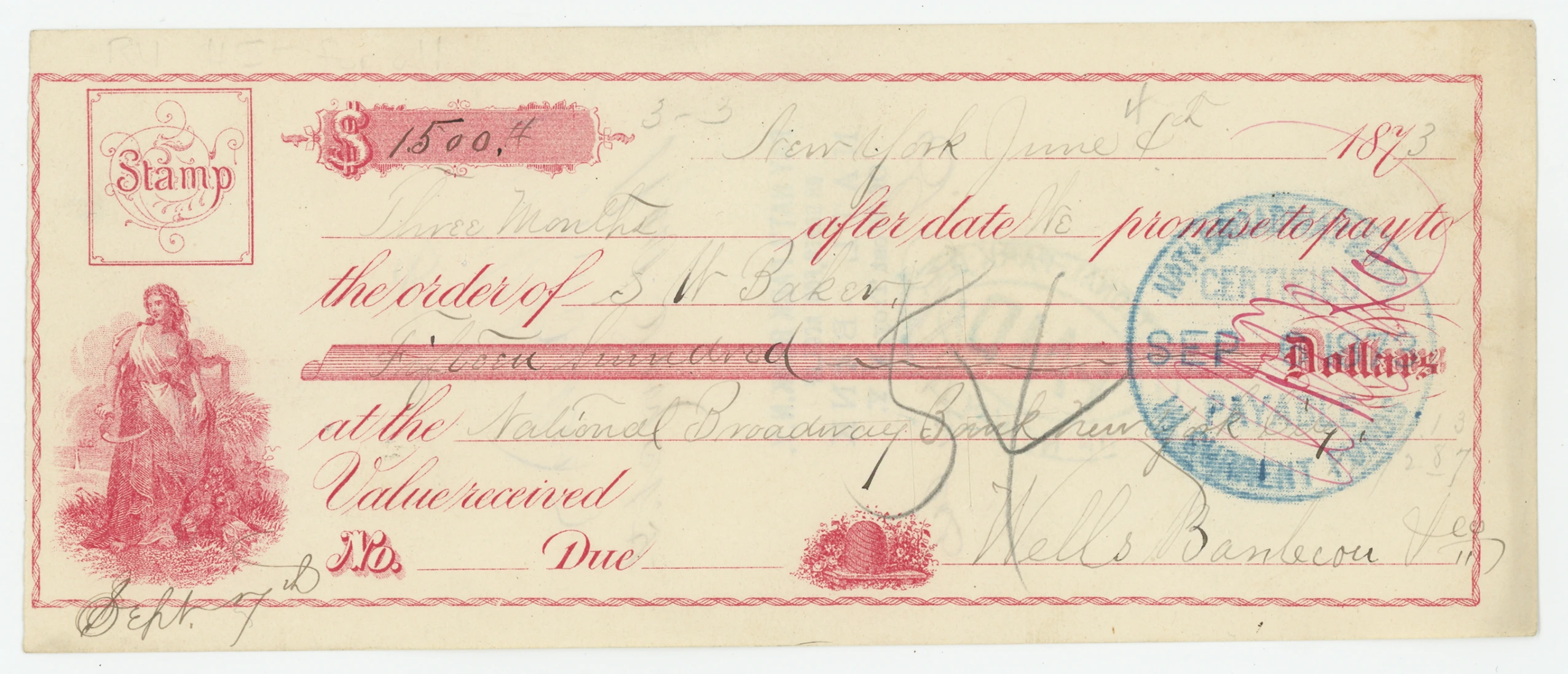 1873 National Broadway Bank, Promissory Note