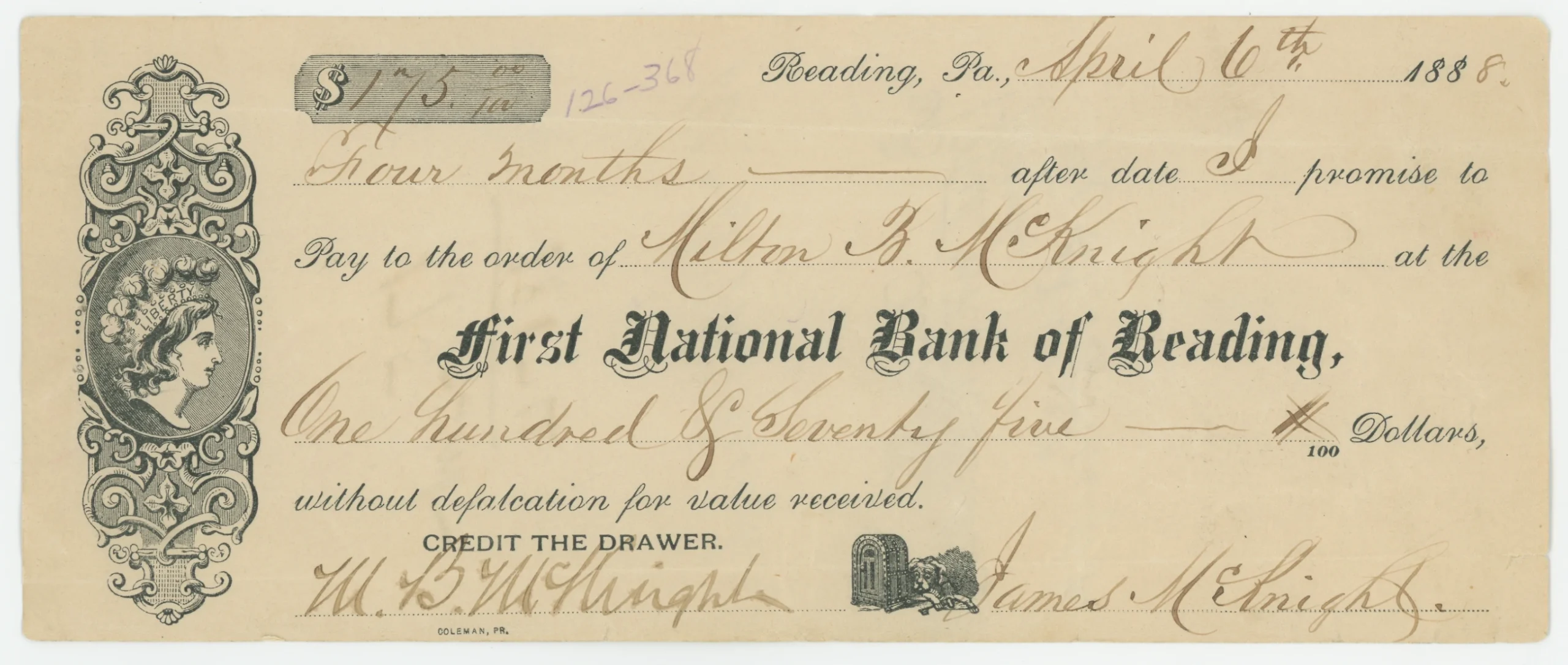 Promissory Note, First National Bank of Reading