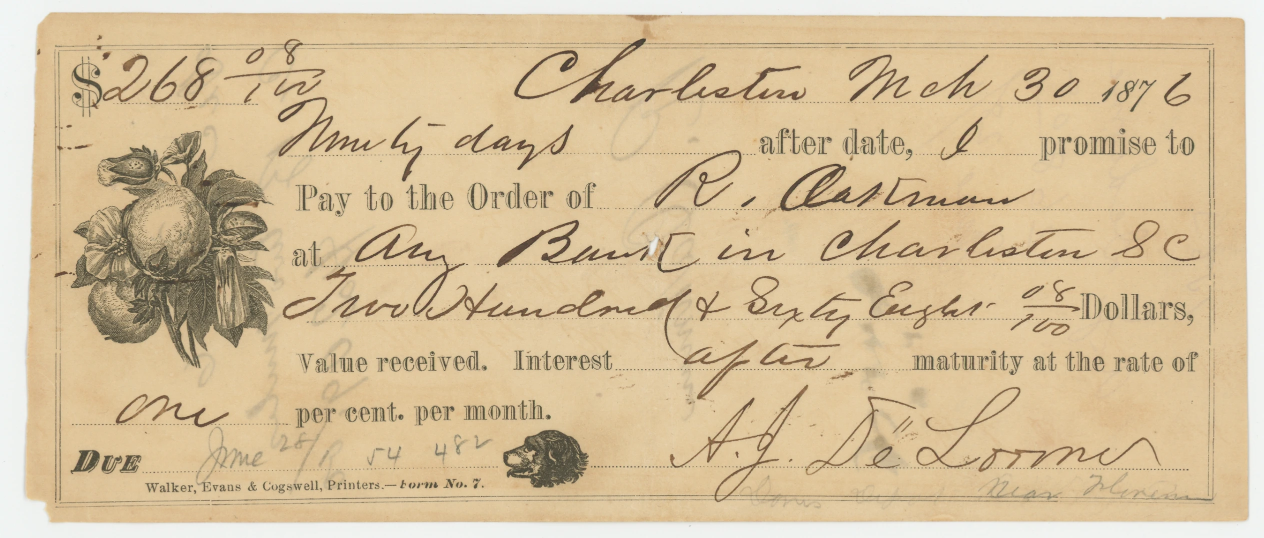 Promissory Note with Cotton Boll and Dog Vignettes