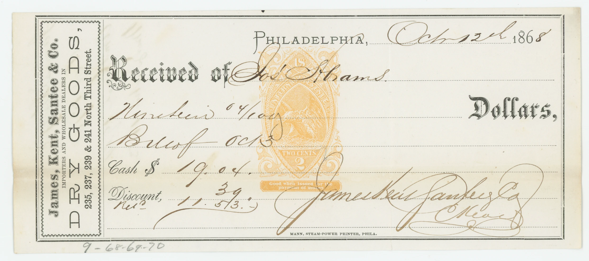 RN-B20 James, Kent, Santee & Co. Dry Goods Receipt
